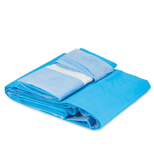 Bild einer blauen OP-Tischabdeckung aus langlebigem Material, die 100 x 152 cm misst. Die Abdeckung ist in einem sanften Blauton gehalten und hat eine glatte, leicht glänzende Oberfläche. Sie ist für den einmaligen Gebrauch konzipiert und perfekt für medizinische Einrichtungen geeignet. An den Kanten sind die Stoffe sauber verarbeitet, was für eine optimale Hygiene sorgt. Im Hintergrund sind undeutliche, unscharfe medizinische Geräte und Instrumente zu sehen, die die klinische Umgebung unterstreichen.