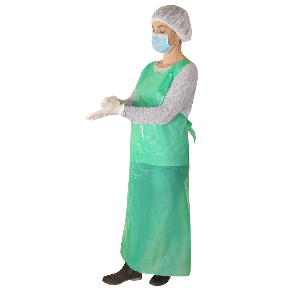 Produktbild einer blauen Einwegschürze aus hochwertigem PE-Material. Die Schürze hat eine glatte Oberfläche und eine extra starke Verarbeitung, die robusten Schutz bietet. Sie ist leicht und bequem zu tragen, ideal für den Einsatz in medizinischen und gastronomischen Bereichen. Die Schürze wird auf einem weißen Hintergrund präsentiert, wodurch ihre Farbe und Textur gut zur Geltung kommen.