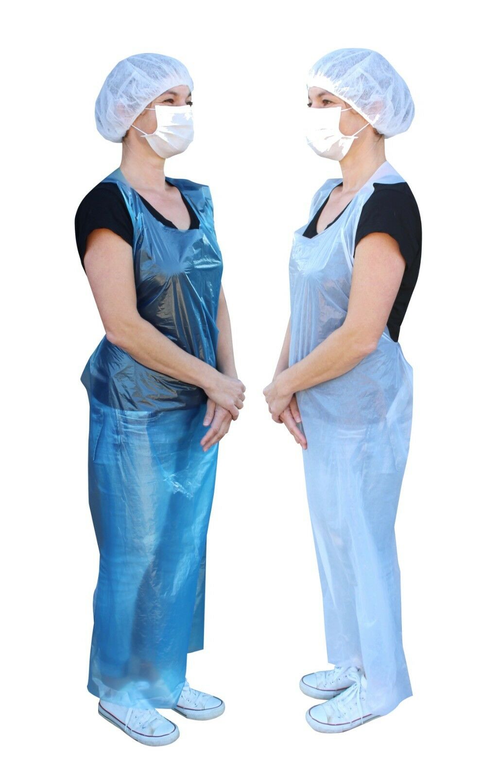 Ein Bild von zwei PE-Schürzen in Blau, die auf einer weißen Oberfläche liegend präsentiert werden. Die Schürzen sind aus einem glänzenden, wasserabweisenden Material gefertigt und haben eine großzügige Größe von 75 cm x 125 cm. Sie weisen eine gehämmerte Textur auf, die für zusätzliche Stabilität sorgt. Beide Schürzen sind einfarbig und wirken robust und langlebig. Im Hintergrund ist ein unscharfer Bereich, der den Fokus auf das Produkt lenkt.