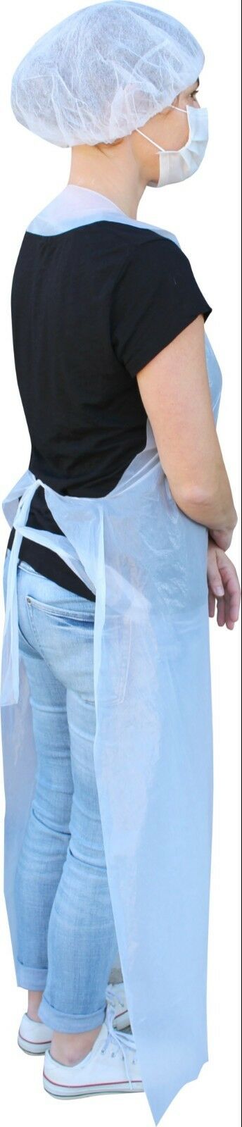 Bildbeschreibung: Auf dem Bild sind wiederverwendbare und Einweg-Schürzen in blauer Farbe abgebildet. Die Schürzen haben eine abgedeckte Oberfläche mit einem glänzenden, gehämmerten Design, das ihnen ein modernes Aussehen verleiht. Die Schürzen sind in einer geraden Form gehalten und haben eine Größe von 75 cm x 140 cm. Sie liegen übereinander gefaltet, wodurch die Struktur und Textur der Oberfläche deutlich sichtbar ist.