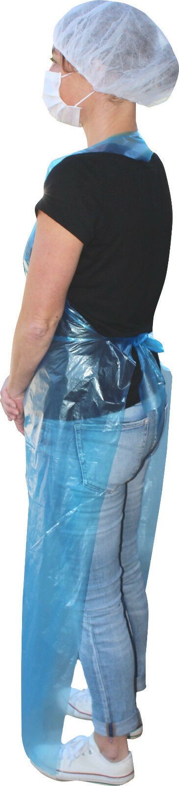 Bild von Einmal-Schutzschürzen in Weiß, die auf einem neutralen Hintergrund angeordnet sind. Die Schürzen sind aus einem glänzenden, wasserdichten Material gefertigt und haben eine Größe von 75 cm x 160 cm. Jede Schürze ist aufgerollt und präsentiert deutlich die Textur des Materials. Der obere Teil jeder Schürze hat zwei Bänder zur Befestigung um den Hals, während die unteren Seiten offen sind.