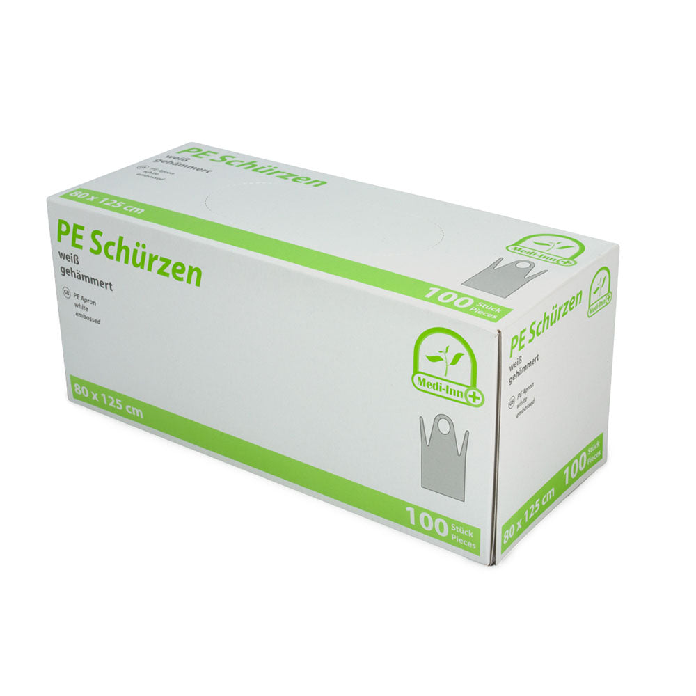 Bildbeschreibung einer Spenderbox mit weißen PE-Schürzen. Die Spenderbox aus stabiler Pappe hat ein praktisches Design mit einer Öffnung an der Oberseite für einfache Entnahme. Die Schürzen sind gefaltet und stapelbar, mit einer Größe von 80 x 110 cm, ideal für hygienische Anwendungen. Die Schürzen sind wasserabweisend und bieten Schutz für Kleidung. Auf der Vorderseite der Box sind Produktinformationen abgedruckt. Der Hintergrund ist neutral, wodurch die Box und die Schürzen gut zur Geltung kommen.