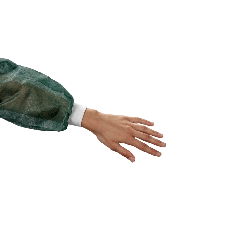 Besucherkittel in Dunkelgrün, hergestellt aus leichtem, atmungsaktivem Material. Der Kittel hat eine großzügige Länge von 136 cm und eine Breite von 140 cm, was ihn für verschiedene Körpergrößen geeignet macht. Er verfügt über einen praktischen Strickbund, der für zusätzlichen Komfort und Halt sorgt. Die Ärmel sind lang und ebenfalls mit elastischen Bündchen versehen, um eine optimale Passform zu gewährleisten.