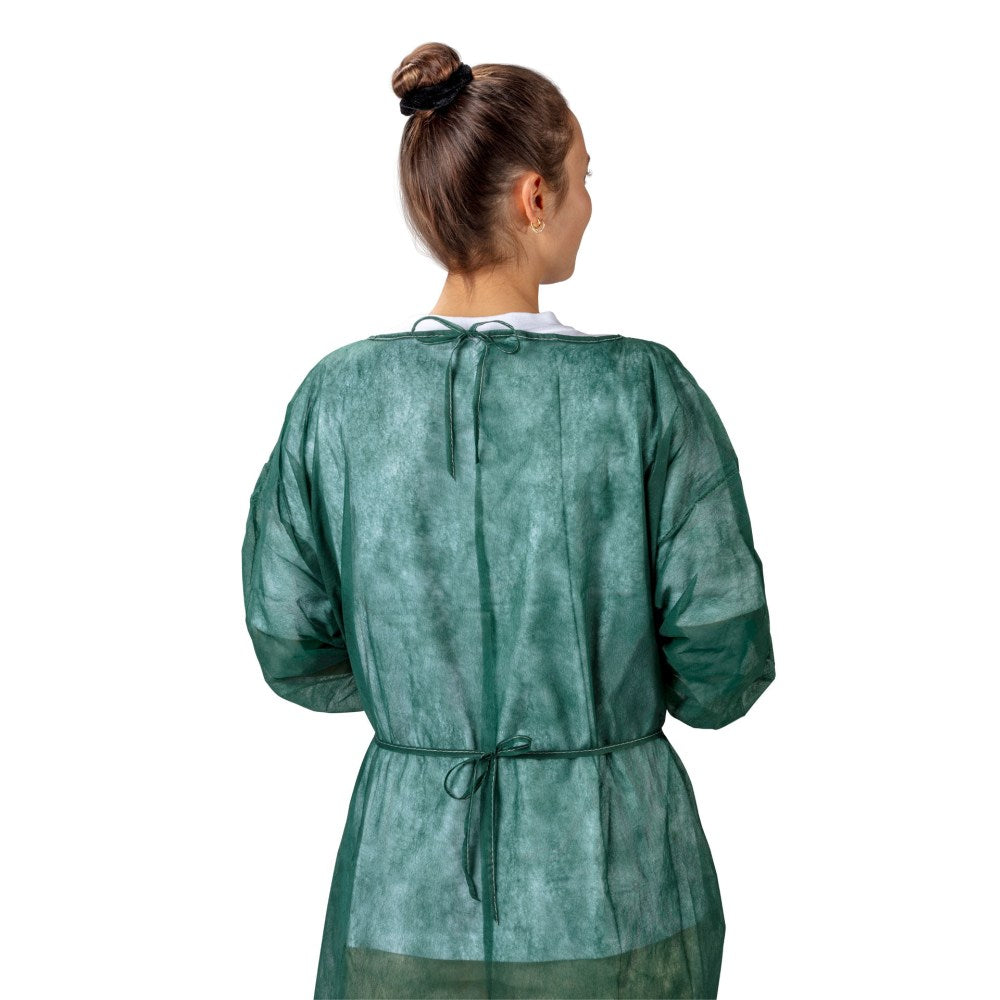 Bild eines dunkelgrünen Besucherkittels mit Strickbündchen. Der Kittel hat eine lockere, bequem geschnittene Form und erreicht eine Länge von etwa 136 cm. Die Ärmel sind lang und am Saum sowie den Handgelenken mit weichen Bündchen versehen, die einen angenehmen Tragekomfort bieten. Der Kittel ist aus einem leichten, strapazierfähigen Material gefertigt, das für den Einsatz in medizinischen oder pflegerischen Bereichen geeignet ist. Auf der Vorderseite ist keine zusätzliche Ausstattung wie Taschen sichtbar.