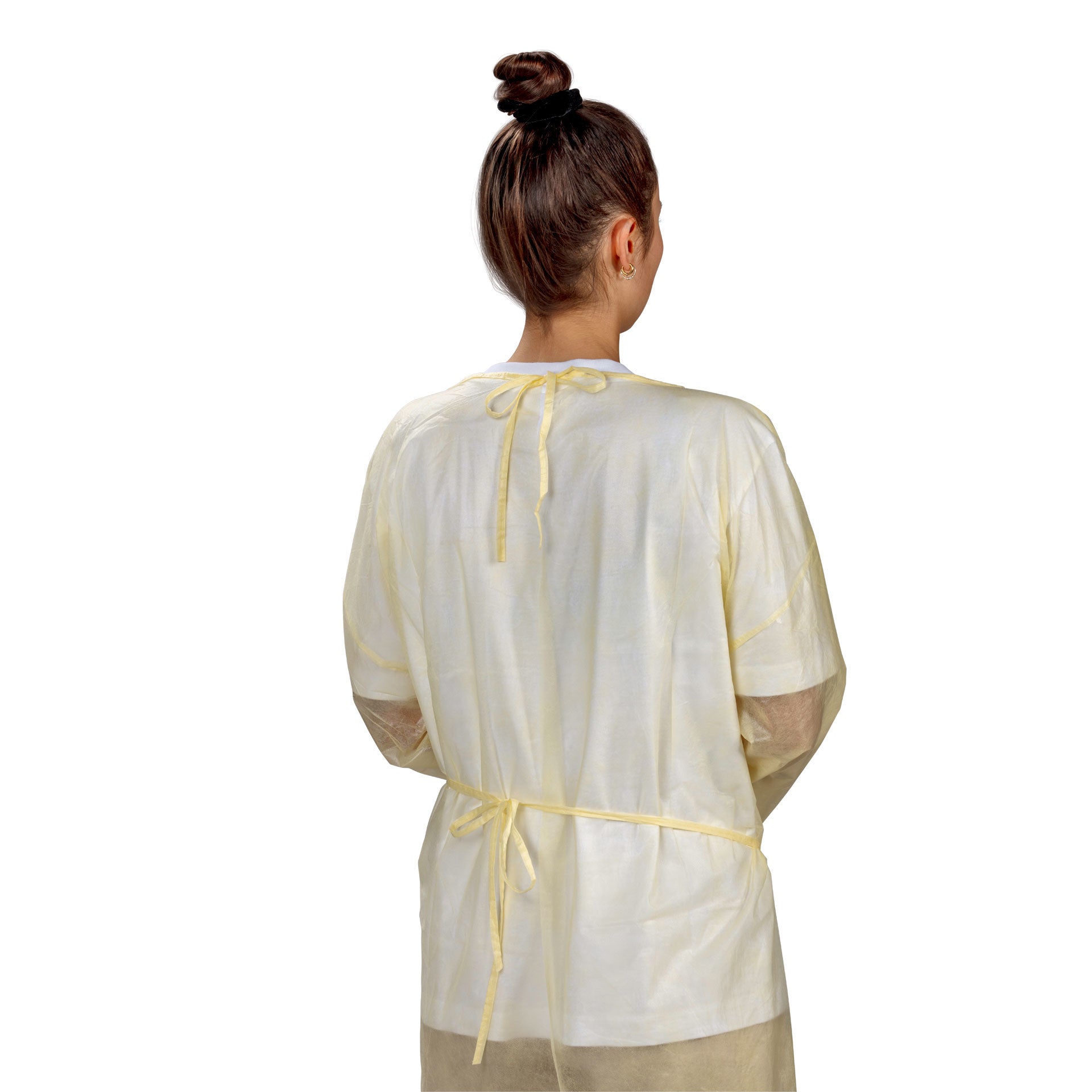 Ein gelber Einweg-Laborkittel aus PE-Material liegt auf einer weißen Oberfläche. Der Kittel hat eine teilbeschichtete Struktur, die ihn leicht und schützend macht. Er ist 139 x 139 cm groß und eignet sich ideal für den Einsatz in Laboren oder medizinischen Einrichtungen. Die Ärmel sind lang und der Kittel ist vorne offen, was das An- und Ausziehen erleichtert. Die Farbe sorgt für Sichtbarkeit und Hygiene.