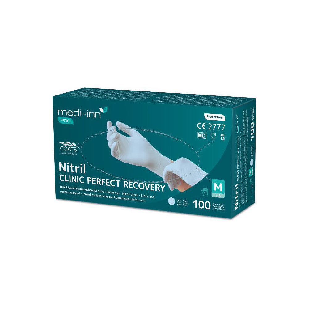 Ein Bild zeigt eine Verpackung von medi-inn pro Nitril Clinic Perfekt Recovery Einmalhandschuhen in der Größe XS. Die auffällige, moderne Verpackung ist in einem kräftigen Blau gehalten und trägt das Produktlogo sowie die Beschreibung. Die Handschuhe sind für den einmaligen Gebrauch und bieten eine hohe Elastizität sowie einen hohen Tragekomfort. Auf der Vorderseite sind Informationen über die Nutzung als medizinisches Hilfsmittel sichtbar.