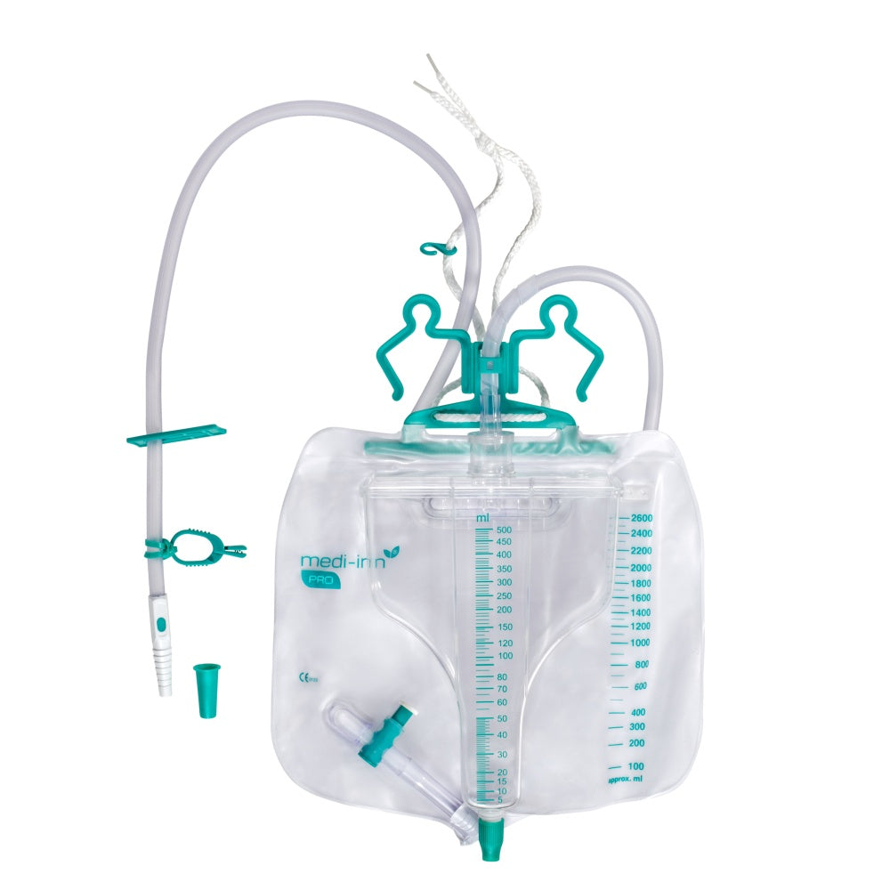 Komplettes medi-inn Pro Urin-Mess-System mit 2600 ml Beutel, Schlauchsystem, Tropfkammer und Aufhängevorrichtung – steril und gebrauchsfertig.