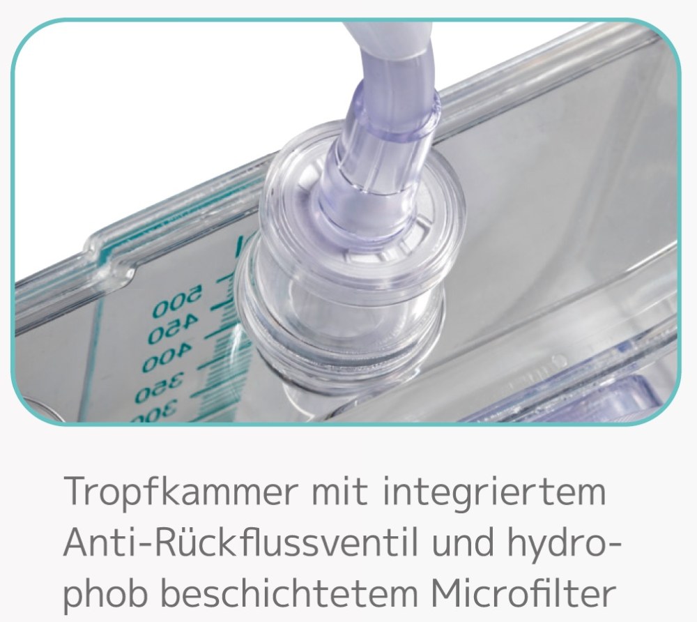 Tropfkammer des medi-inn Urin-Mess-Systems mit integriertem Rückflussschutz und hydrophobem Microfilter zur Infektionsvermeidung.