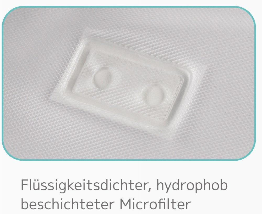 Detailansicht des flüssigkeitsdichten, hydrophob beschichteten Microfilters zur hygienischen Belüftung des Urinbeutels.