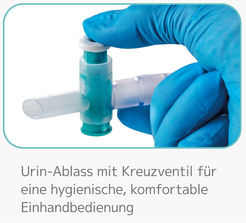 Hygienischer Urin-Ablass mit Kreuzventil – ermöglicht einfache Einhandbedienung beim Entleeren des Beutels.