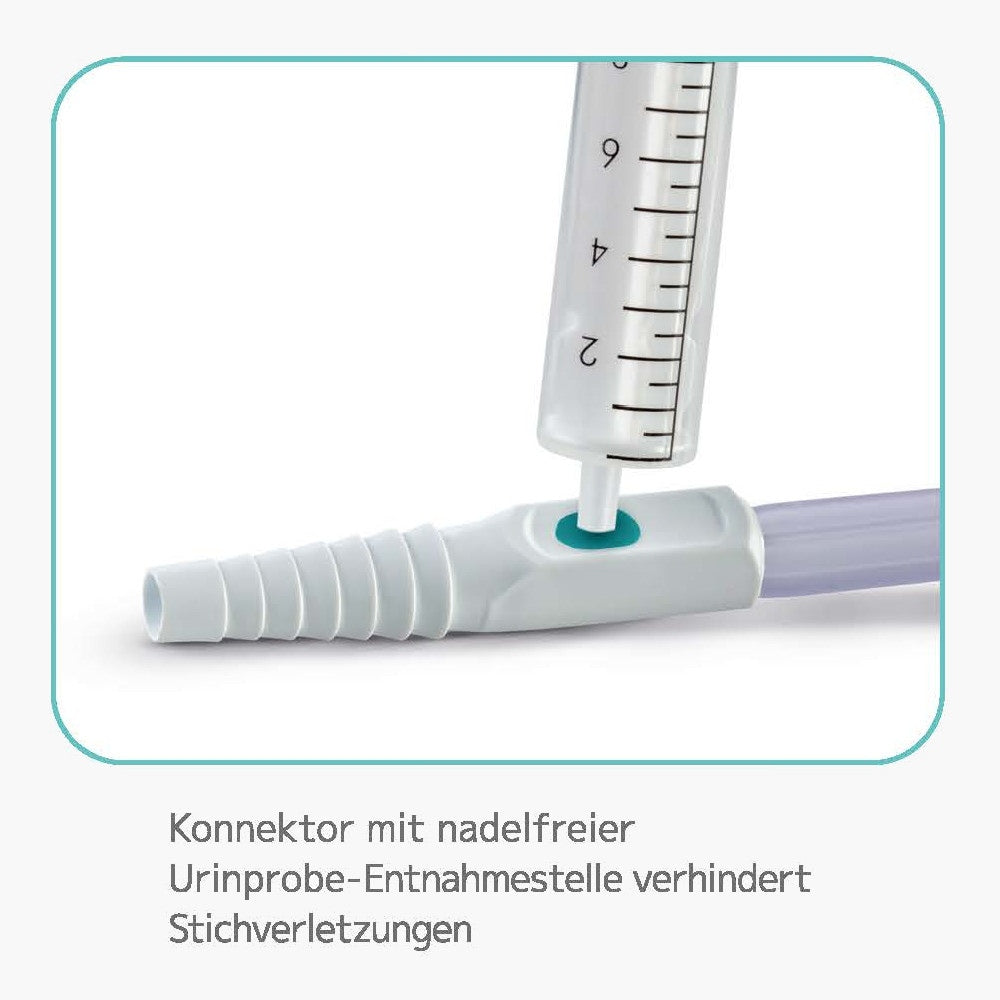 Bild eines sterilen Urinbeutels des Typs "Medi Inn Pro" mit geschlossenem System. Der Beutel hat ein Fassungsvermögen von 2000 ml und eine Länge von 120 cm. Er ist in klarer, transparenter Verpackung zu sehen, die die Sterilität des Produkts gewährleistet. Der Beutel hat eine einfache Handhabung dank eines speziellen Auslaufsystems. Auf der Verpackung sind Hinweise zur Anwendung und Verwendung abgedruckt.
