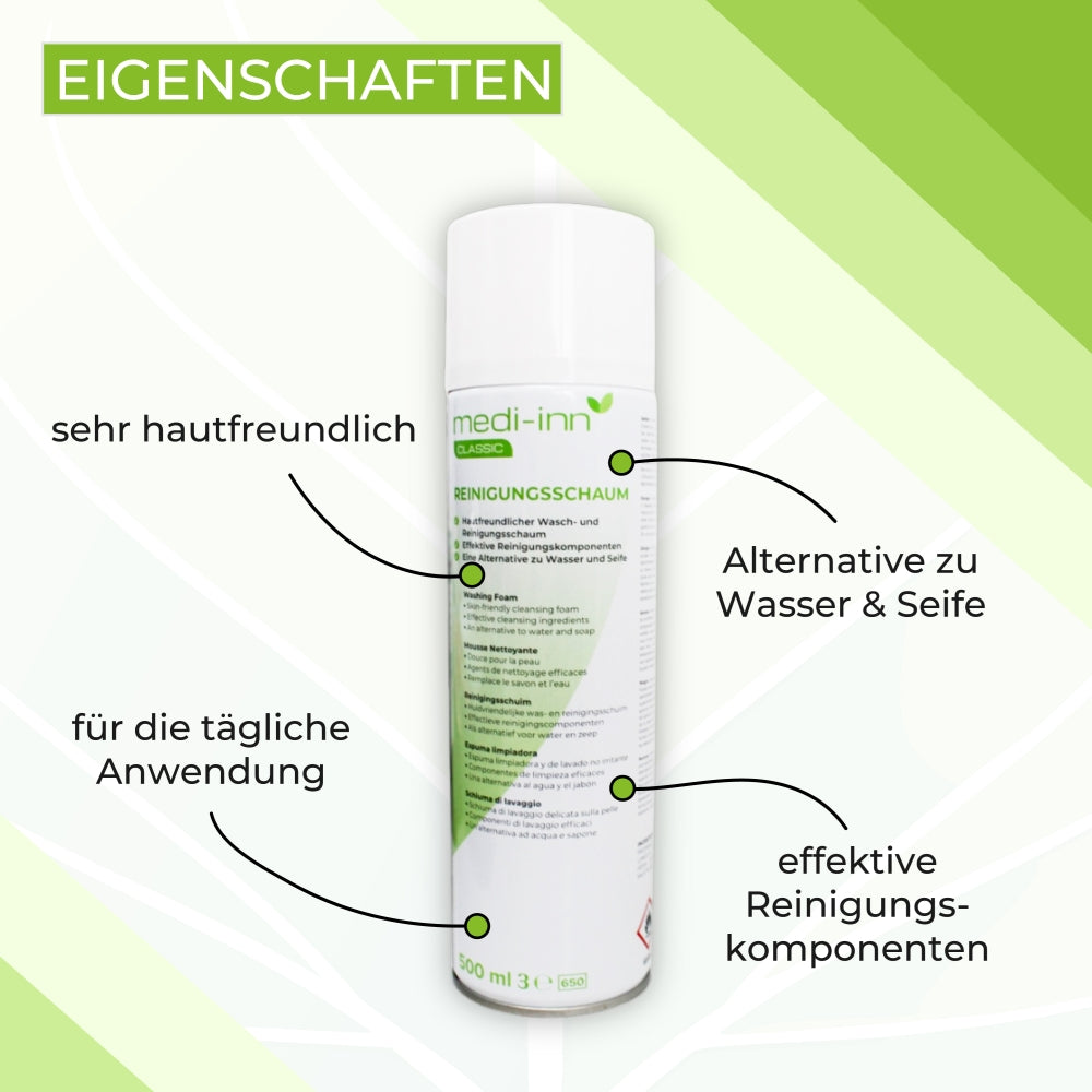 Produktbild eines Reinigungsschaums in einer eleganten weißen Flasche mit Pumpspender. Die Flasche hat ein modernes Design und ist teilweise mit einem leicht bläulichen Etikett dekoriert, das den Markennamen "Medi Inn" und die Produktbezeichnung "Reinigungsschaum" zeigt. Der Schaum ist leicht aufgeschäumt und befindet sich direkt neben der Flasche auf einem hellen Hintergrund. Die Darstellung vermittelt ein Gefühl von Frische und Sauberkeit, ideal für die Hautpflege.