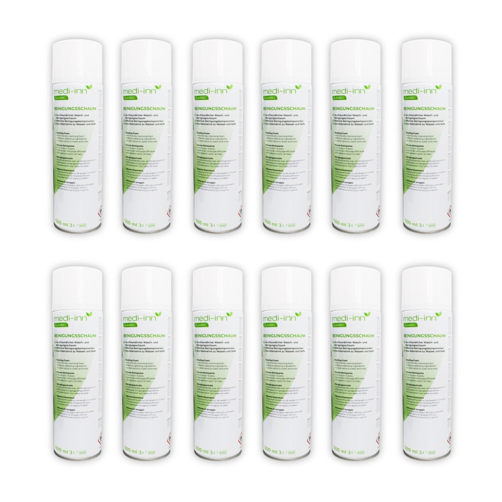 Produktabbildung eines Reinigungsschaums mit der Bezeichnung "Medi Inn Reinigungsschaum". Die Flasche hat eine schlanke, weiße Form und ist mit einem praktischen Pumpspender ausgestattet. Auf der Vorderseite der Verpackung sind die Produktbezeichnung und eine kurze Beschreibung in blauer Schrift aufgedruckt. Der Hintergrund ist hell und minimalistischer Natur. Neben der Flasche befindet sich ein sanfter Schaum, der den Reinigungseffekt des Produkts verdeutlicht.