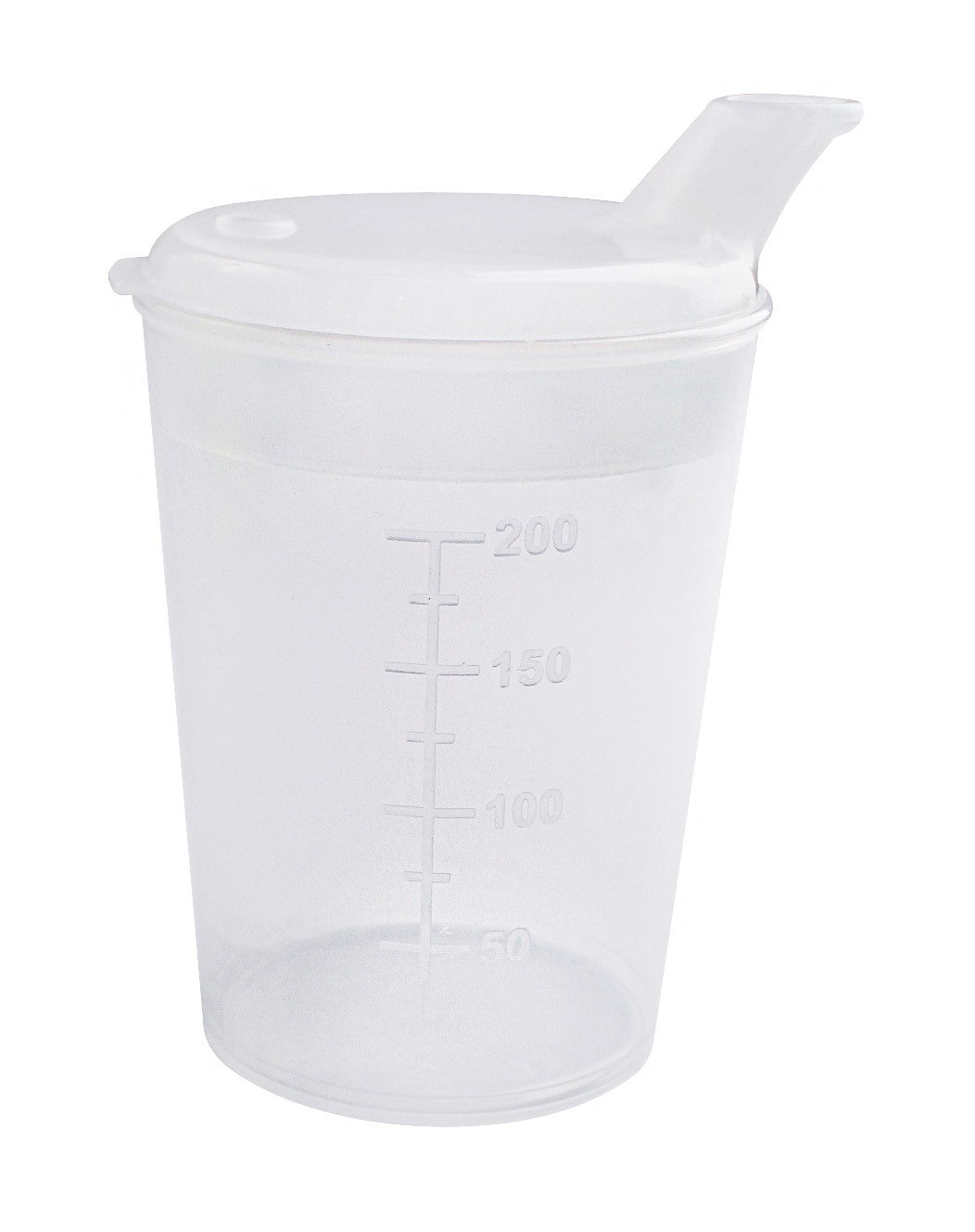 Transparentes Set bestehend aus einem Schnabelbecher mit einem Volumen von 250 ml. Das Produktbild zeigt den Becher, der in drei Teilen zusammengestellt ist: einem robusten Unterteil und zwei verschiedenen Oberteilen mit Schnabel, die jeweils links und rechts vom Unterteil liegen. Der Becher eignet sich für die Flüssigkeitsaufnahme und ist speziell für Erwachsene oder Kinder konzipiert, die Unterstützung beim Trinken benötigen.