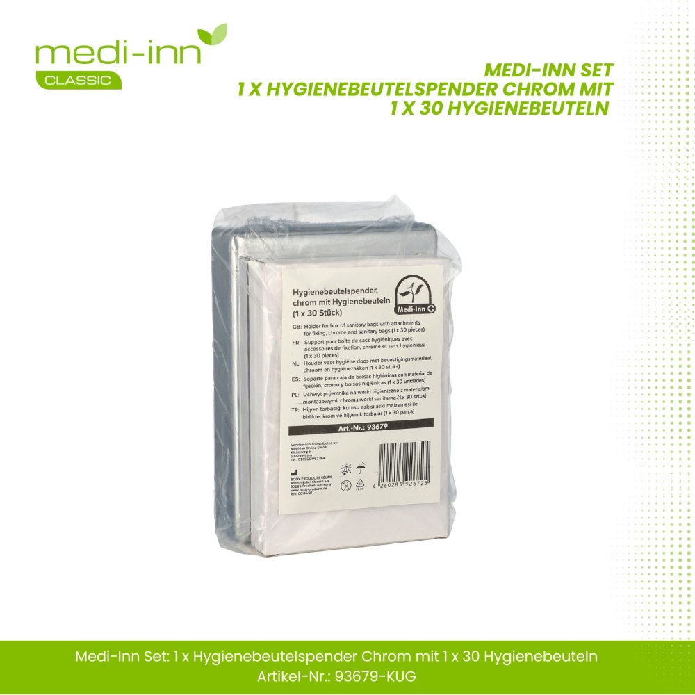 Hygienebeutelspender in glänzendem Chrom, ausgestattet mit einem Satz von 30 Hygienebeuteln. Der Beutelspender hat ein modernes, schlichtes Design mit klaren Linien und ist wandmontierbar. Die Vorderseite ist öffnungsfreundlich gestaltet, um einen einfachen Zugriff auf die Hygienebeutel zu gewährleisten. Auf der Oberseite ist er mit einem kleinen Schlitz versehen, aus dem die Beutel herausgezogen werden können.