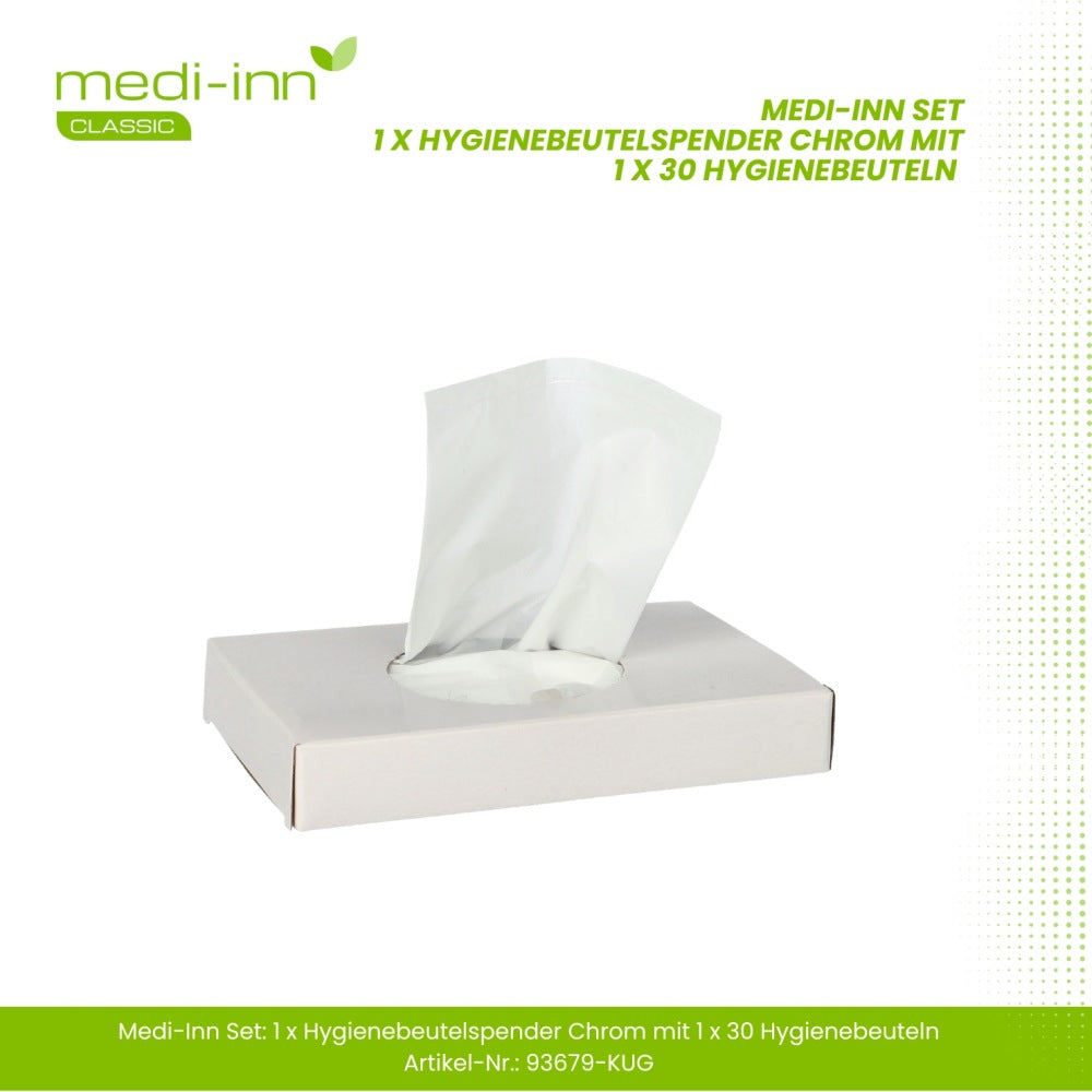 Hygienebeutelspender aus verchromtem Metall auf weißem Hintergrund. Der Spender hat ein modernes, minimalistisches Design mit einer abgerundeten Oberkante und einer großzügigen Öffnung für eine einfache Entnahme. Neben dem Spender liegen 30 Hygienebeutel, die weiß und im Standardformat gestaltet sind. Der Spender ist praktisch für öffentliche Toiletten oder in Gastronomiebetrieben, um eine hygienische Lösung für den Umgang mit Damenhygieneprodukten bereitzustellen.