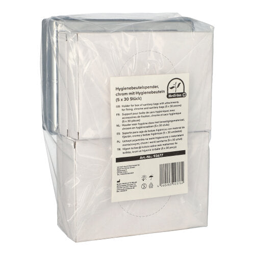 Chromfarbener Hygienebeutelspender, an einer Wand montiert, mit fünf Packungen á 30 Hygienebeuteln im Vordergrund. Der Spender hat ein modernes Design mit klaren Linien und einer glänzenden Oberfläche, die Licht reflektiert. Die Hygienebeutel sind in einer weißen Verpackung, die die Beutel sichtbar macht. Die Gesamtansicht vermittelt einen hygienischen und praktischen Eindruck, ideal für öffentliche Toiletten oder Gesundheitsbereiche.