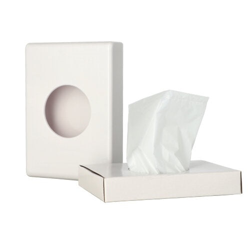 Weißer Hygienebeutelspender mit einem Set von 30 Hygienebeuteln. Der Spender hat eine schlanke, moderne Form und ist für die Wandmontage konzipiert. Die Beutel sind in einem praktischen Fach im Spender untergebracht und können leicht entnommen werden. Der Hygienebeutelspender ist ideal für öffentliche Toiletten, Hotels oder andere Einrichtungen, in denen Hygiene wichtig ist.