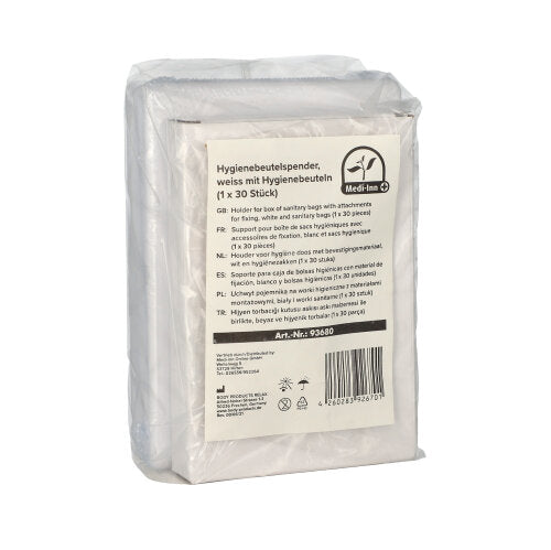 Weißer Hygienebeutelspender aus pflegeleichtem Material, speziell für die Aufbewahrung von Hygienebeuteln konzipiert. Der Spender hat eine schlanke und moderne Form mit einem abgerundeten oberen Rand und einer praktischen Öffnung für den einfachen Zugriff. Im Lieferumfang enthalten sind 30 Hygienebeutel, die perfekt in den Spender passen. Die Beutel sind transparent, um den Inhalt sichtbar zu machen, und bieten eine hygienische Lösung für öffentliche Einrichtungen.
