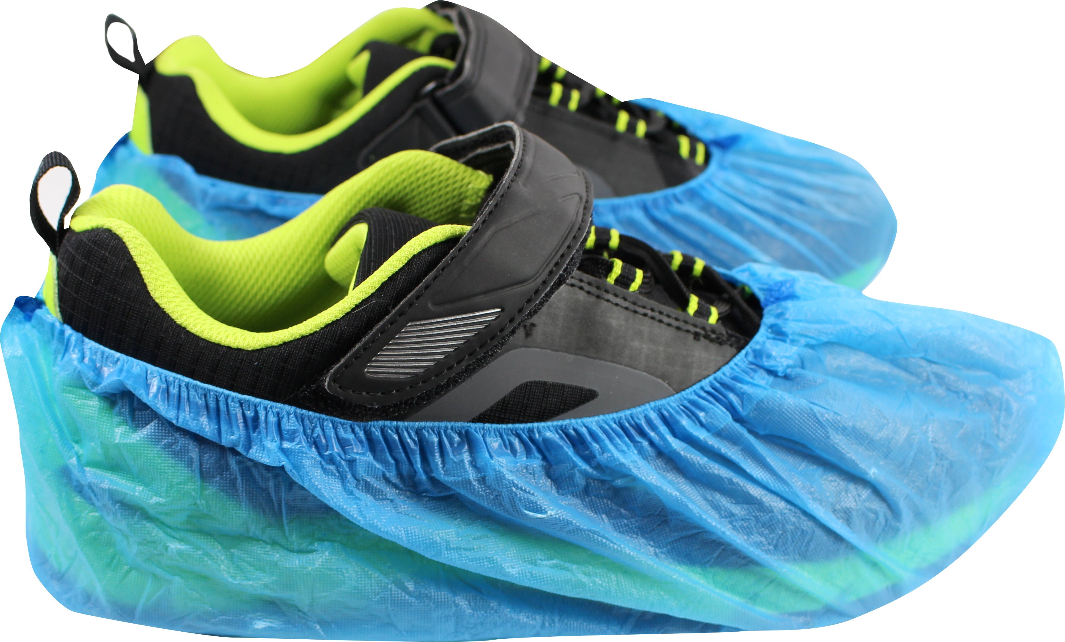 Bild eines Produkts: Einwegschuhe aus CPE-Material in hellblauer Farbe, die als Überzieher konzipiert sind. Die Schuhe haben einen elastischen Gummizug an der Öffnung, der einen sicheren Sitz gewährleistet. Die Oberfläche der Überzieher zeigt eine glatte Textur, die für Hygiene- und Schutzzwecke geeignet ist. Sie sind langlebig und leicht, ideal für den Einsatz in medizinischen, hygienischen oder anderen sensiblen Umgebungen.