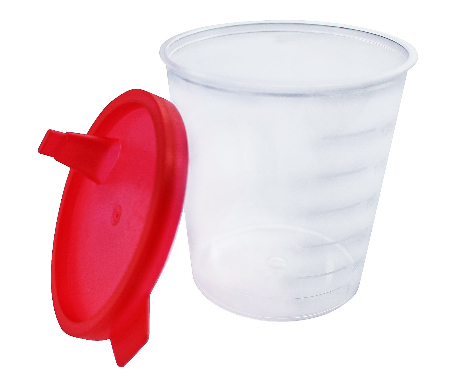 Urinbecher von Medi-Inn mit einem Fassungsvermögen von 125 ml. Der Becher ist transparent und zeigt eine klare, graduierte Skala zur einfachen Ablesung des Inhalts. Der Deckel ist in auffälligem Rot und verfügt über einen praktischen Schnappverschluss, der eine sichere und hygienische Aufbewahrung garantiert. Das Design ist schlicht und funktional, ideal für medizinische Anwendungen oder Laboranalysen. Der Becher ist aus robustem Kunststoff gefertigt und eignet sich für den einmaligen Gebrauch.