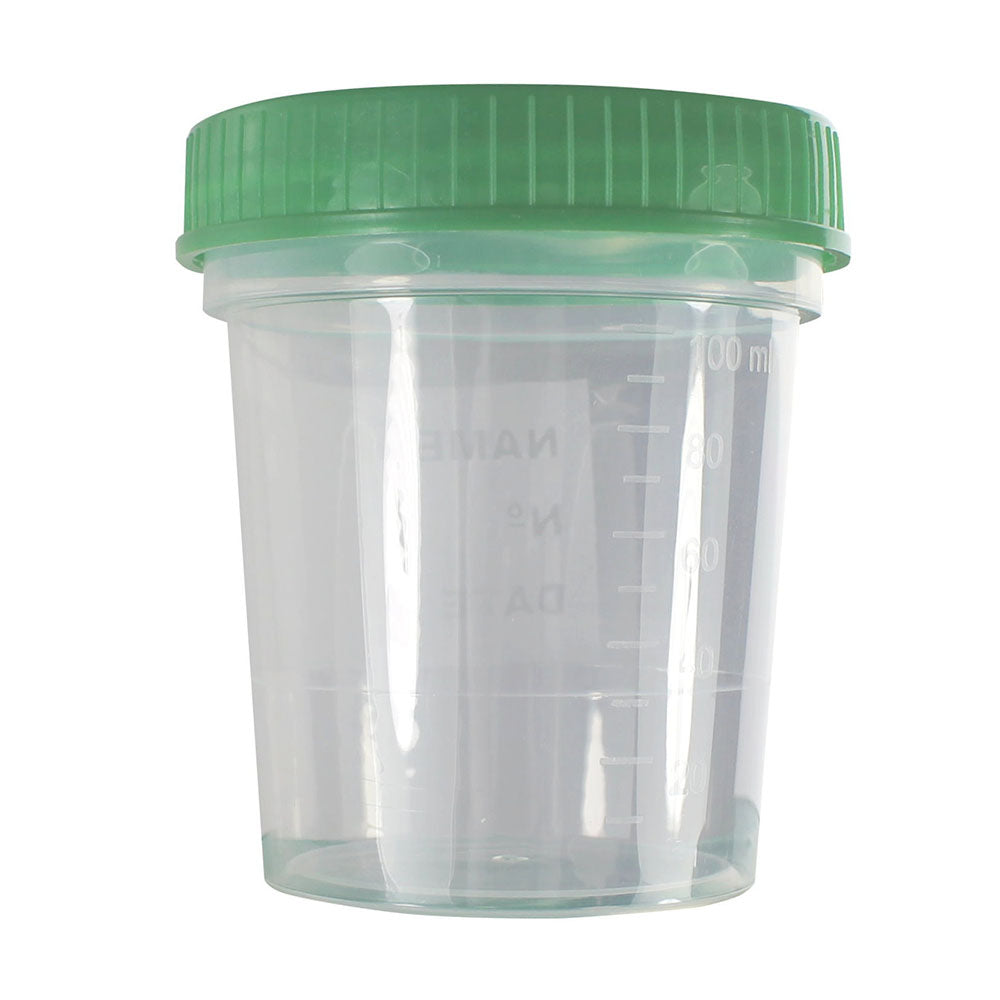 Ein transparenter Urinbecher mit einem Schraubdeckel, der 125 ml fasst. Der Becher hat eine graduierte Skala, die in grüner Farbe aufgedruckt ist und die Messung von Flüssigkeiten erleichtert. Der Deckel ist ebenfalls transparent mit einem stabilen Verschluss, der einen sicheren Transport ermöglicht. Die gesamte Konstruktion ist aus robustem, BPA-freiem Kunststoff gefertigt, ideal für medizinische oder diagnostische Zwecke. Der Hintergrund des Bildes ist neutral, wodurch das Produkt klar im Fokus steht.