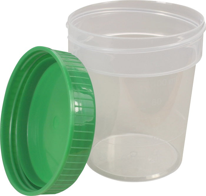 Transparenter Urinbecher mit Schraubdeckel, fasst 125 ml. Die Flasche hat eine klare Graduierung auf der Vorderseite, die die Abmessungen in Millilitern angibt. Der Becher ist farblich in einem sanften Grünton gehalten, der ihm ein modernes und hygienisches Aussehen verleiht. Der Schraubdeckel sitzt sicher und ist in der gleichen Farbe gestaltet. Der Hintergrund ist neutral, wodurch der Fokus auf dem Becher liegt.