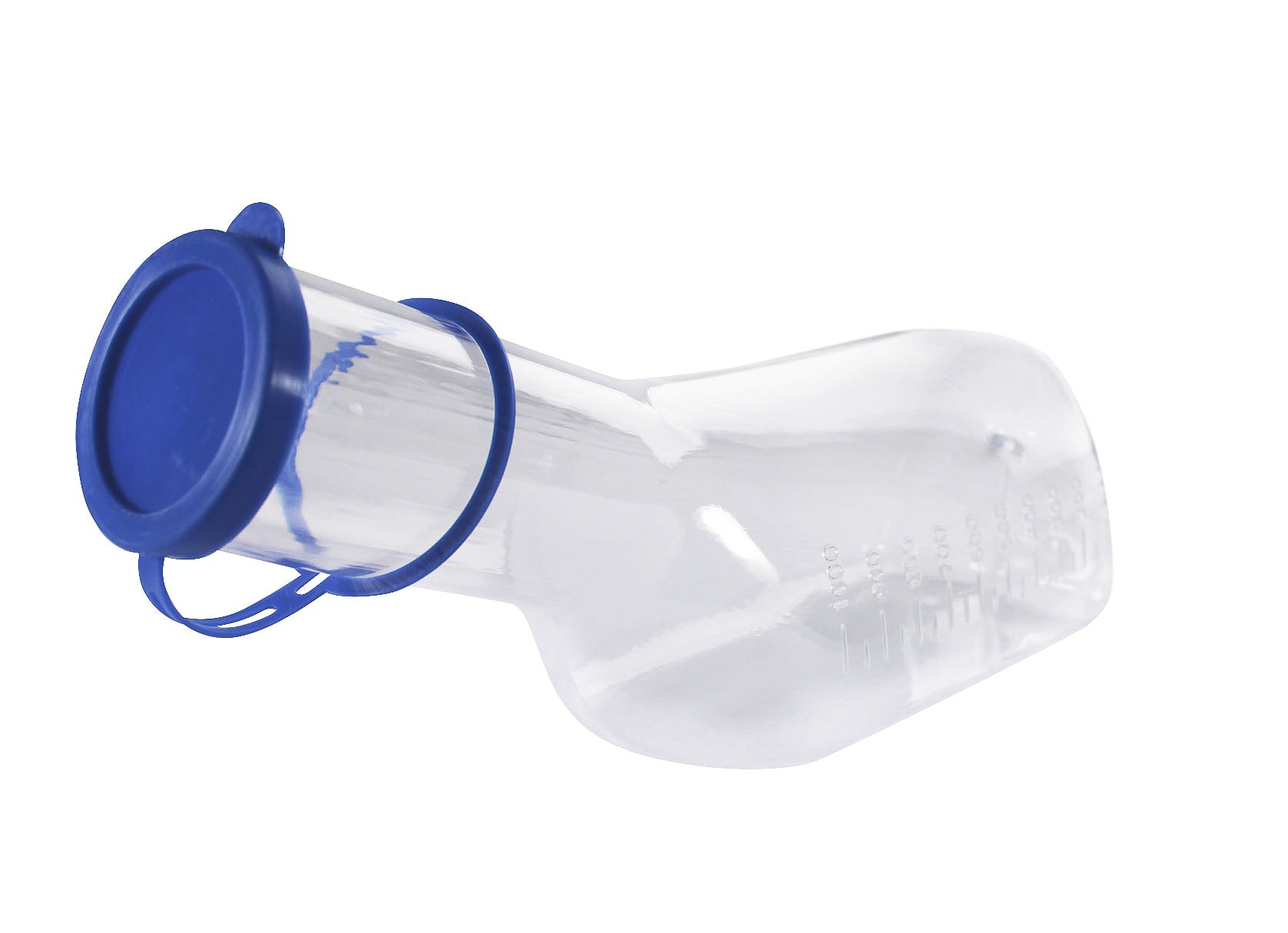 Urinflasche für Männer, mit einem Fassungsvermögen von 1000 ml. Die Flasche ist aus klarem Kunststoff gefertigt, wodurch der Füllstand gut sichtbar ist. Sie hat eine ergonomische Form für eine einfache Handhabung und einen stabilen, breiten Boden, der das Umkippen verhindert. Neben der Flasche ist eine Reinigungsbürste abgebildet, die zur hygienischen Pflege der Flasche dient. Die gesamte Präsentation ist auf einem weißen Hintergrund, um die Details des Produkts hervorzuheben.