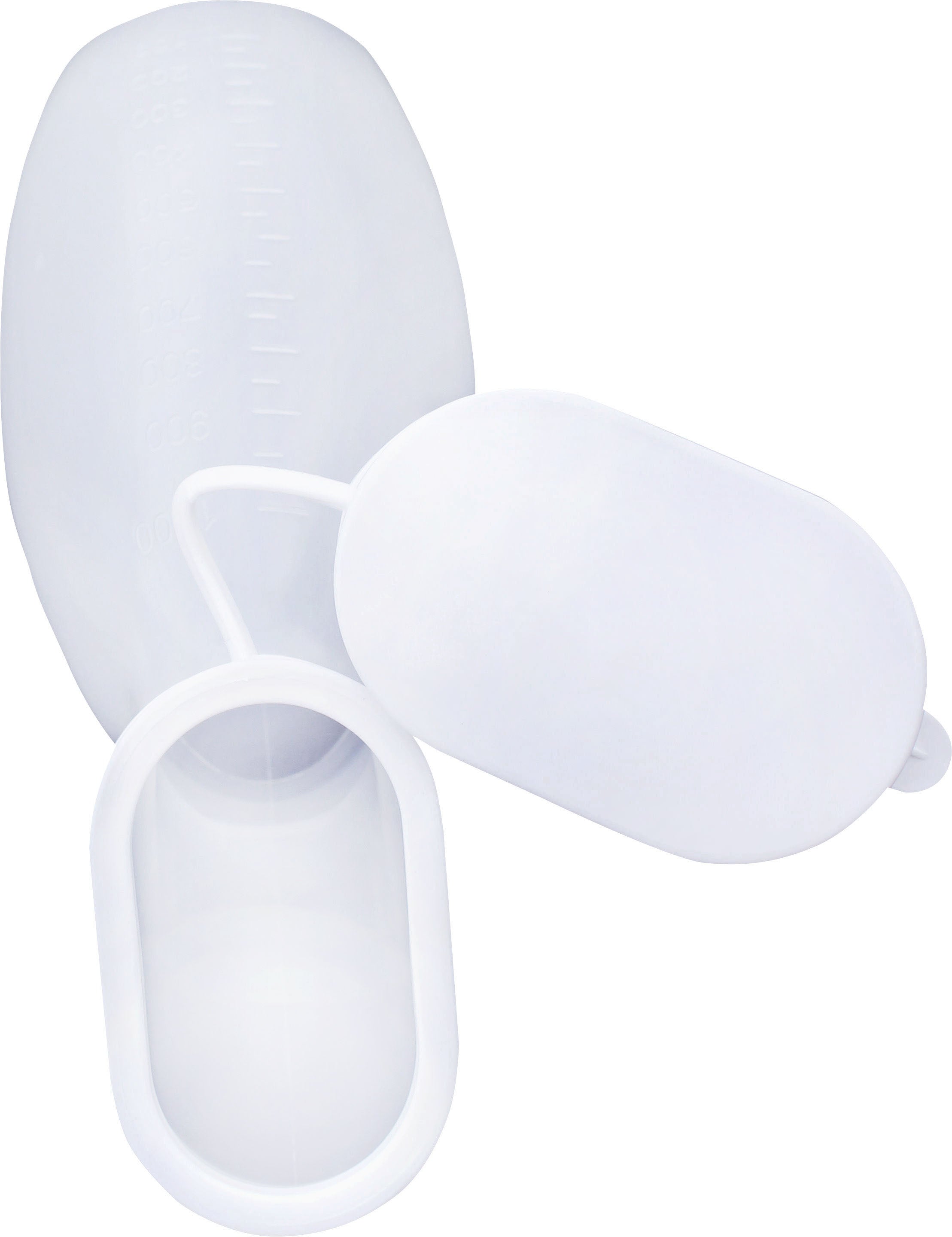 Urinflasche für Frauen mit einem Fassungsvermögen von 1000 ml aus transparentem, milchigem Kunststoff. Die Flasche hat eine breitere Öffnung für komfortable Benutzung, ein ergonomisches Design für besseren Halt und eine gut sichtbare Skala zur mengenmäßigen Abmessung. Die Flasche ist leicht, hygienisch und einfach zu reinigen. Sie hat einen stabilen, abgerundeten Boden, um ein Umkippen zu verhindern. Die Urinflasche eignet sich ideal für den Einsatz im Krankenhaus, Pflegeeinrichtungen oder für Reisen.