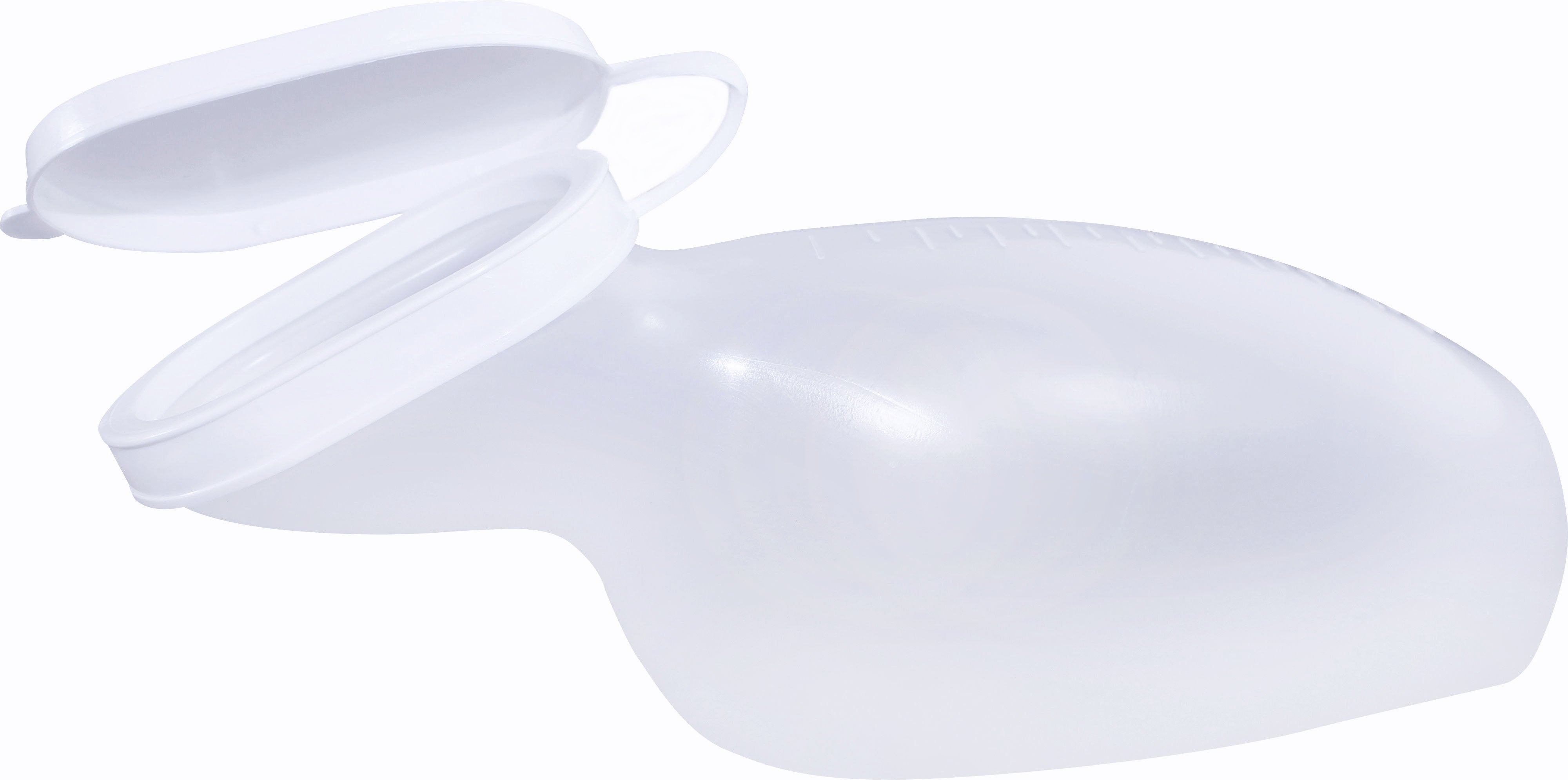Weiße Urinflasche für Frauen aus robustem PP-Material mit einem Fassungsvermögen von 1000 ml. Die Flasche hat eine milchige, halbdurchsichtige Oberfläche, die eine einfache Überprüfung des Füllstands ermöglicht. Sie besitzt einen ergonomischen, leicht geformten Griff für einen sicheren Halt und eine breite Öffnung für leichtes Befüllen und Entleeren. Der flache Boden ermöglicht ein kippsicheres Abstellen. Ideal für den Einsatz im Krankenhaus, auf Reisen oder zu Hause.