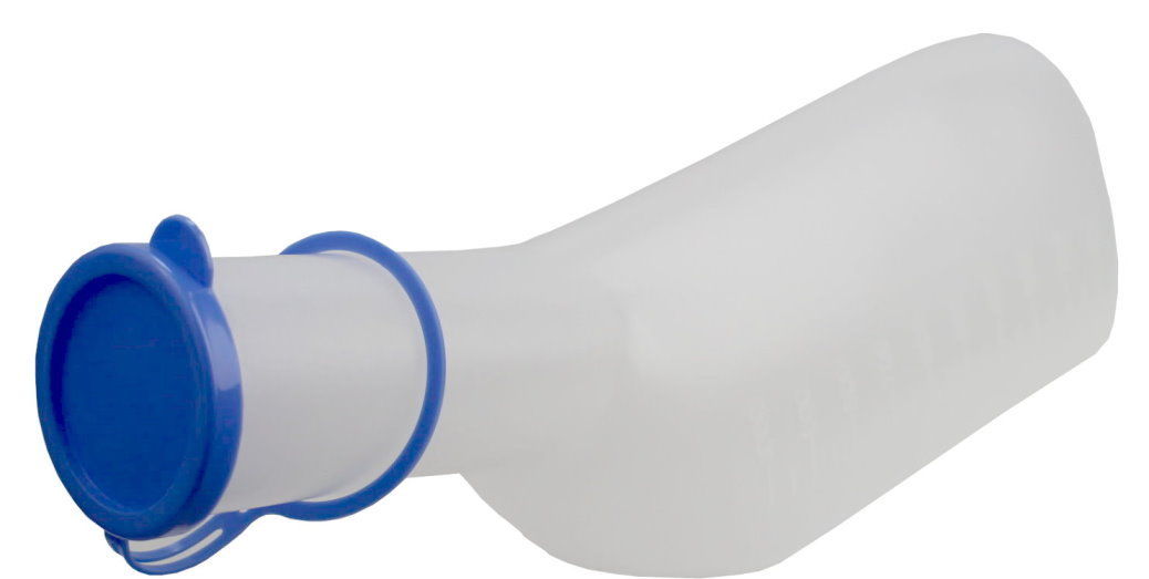 Eine durchsichtige, milchig-weiße Urinflasche aus PP mit einer Kapazität von 1000 ml für Männer. Die Flasche hat eine schmale, ergonomische Form mit einem stabilen Griff auf der Oberseite, der für einen sicheren Halt sorgt. Die Öffnung ist weit gestaltet, um eine einfache Handhabung zu ermöglichen. Neben der Flasche liegt ein weißes Maßband zum genauen Ablesen des Flüssigkeitsstands. Der Hintergrund ist neutral und hebt das Produkt hervor, das auf einem hellen Untergrund platziert ist.