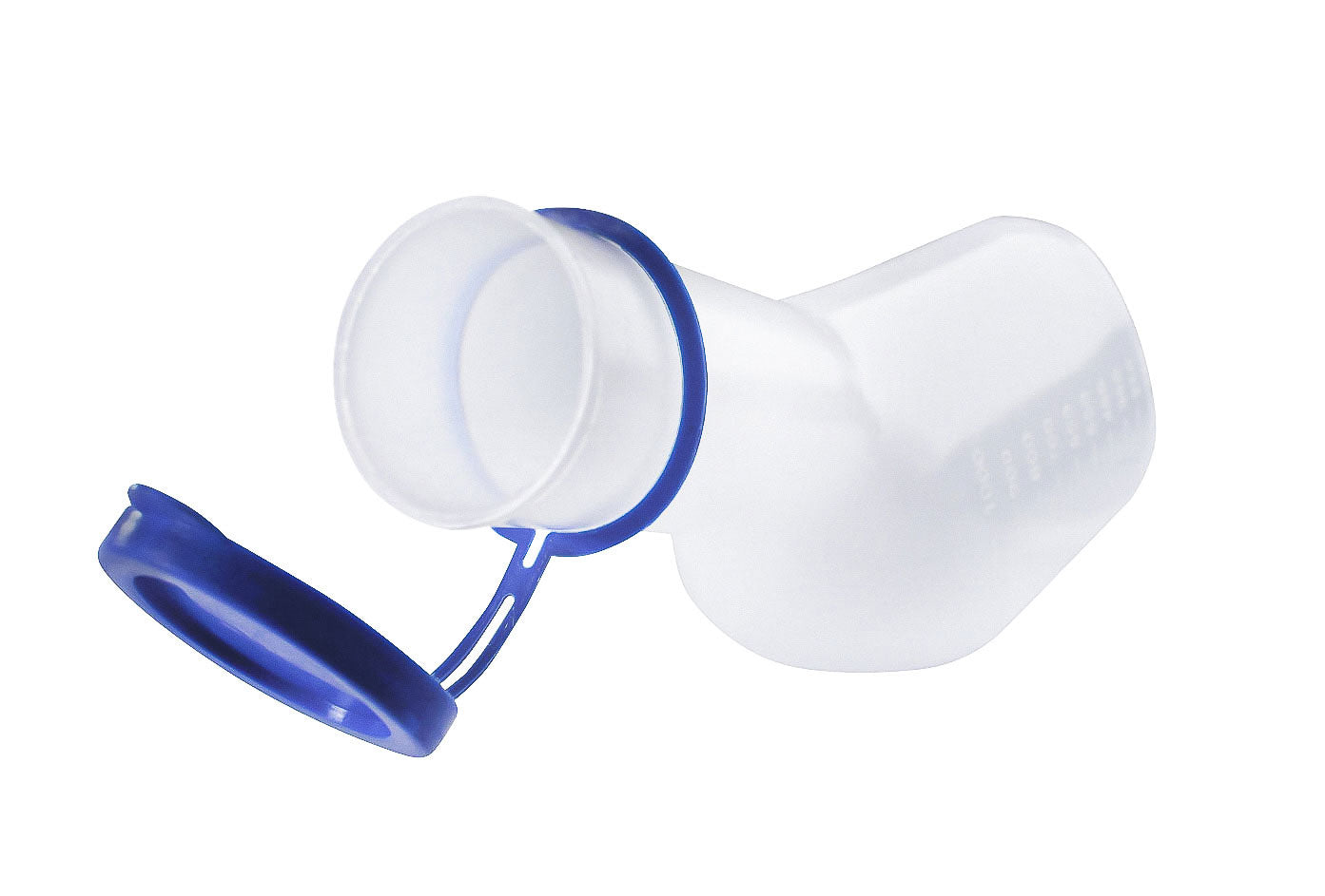 Urinflasche für Männer aus milchigem Polypropylen mit einem Fassungsvermögen von 1000 ml. Die Flasche hat einen breiten, stabilen Hals und einen ergonomischen Griff, der eine einfache Handhabung ermöglicht. Sie ist mit einem Betthalter ausgestattet, der für zusätzlichen Komfort sorgt. Die klare Skalierung auf der Flasche ermöglicht eine einfache Ablesung des Inhalts. Das Design ist praktisch und hygienisch, sodass sie ideal für den Einsatz im Bett oder beim Camping geeignet ist.