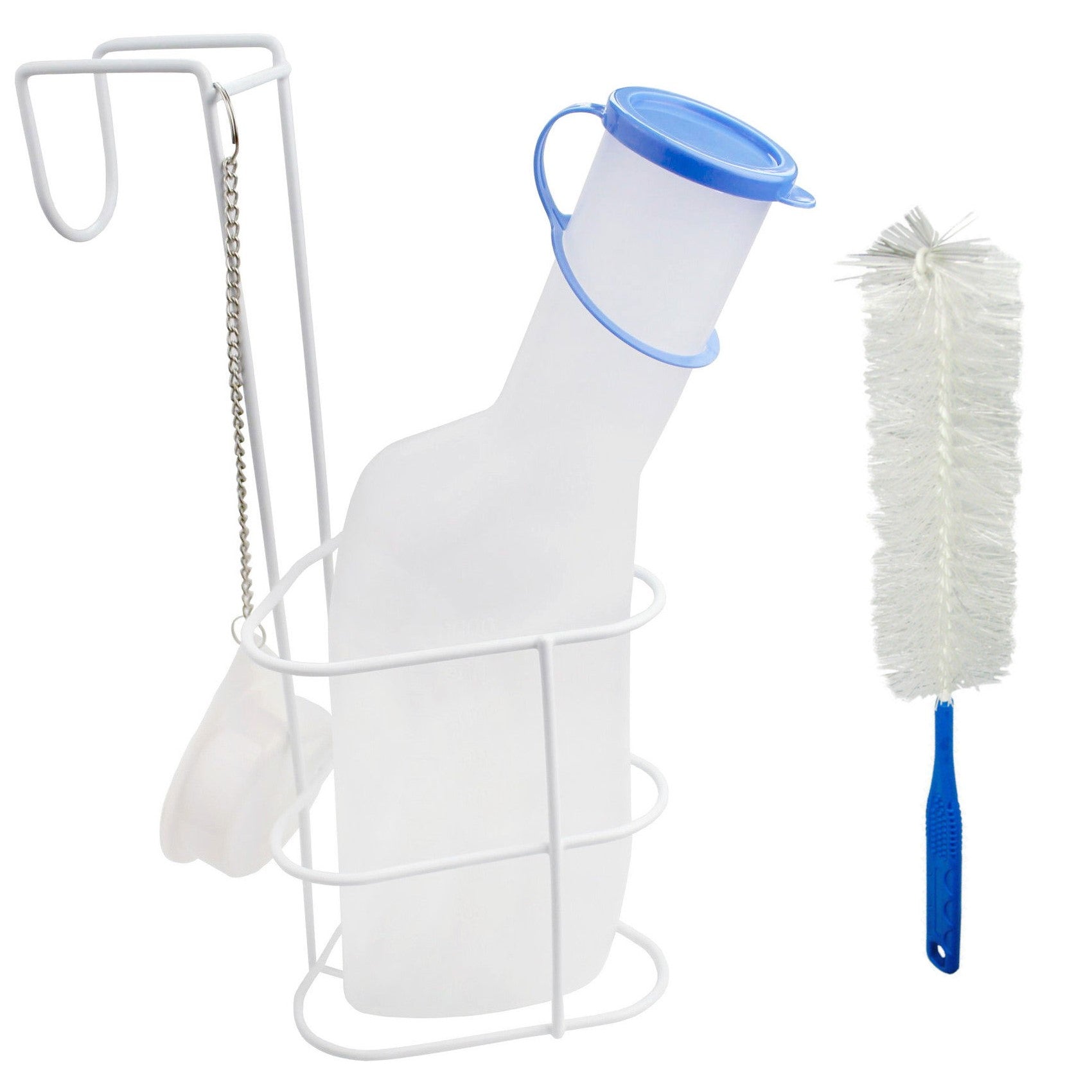 Urinflasche aus transparentem, milchigem Kunststoff mit einem Fassungsvermögen von 1000 ml. Die Flasche hat eine standardisierte Öffnung speziell für Männer und ist mit einem stabilen Betthalter ausgestattet, der eine sichere Befestigung ermöglicht. Neben der Flasche liegt eine Reinigungsbürste, mit der die Hygiene leicht gewahrt werden kann. Die gesamte Konstruktion ist einfach in der Handhabung, ideal für den Einsatz im Bett oder während Reisen.