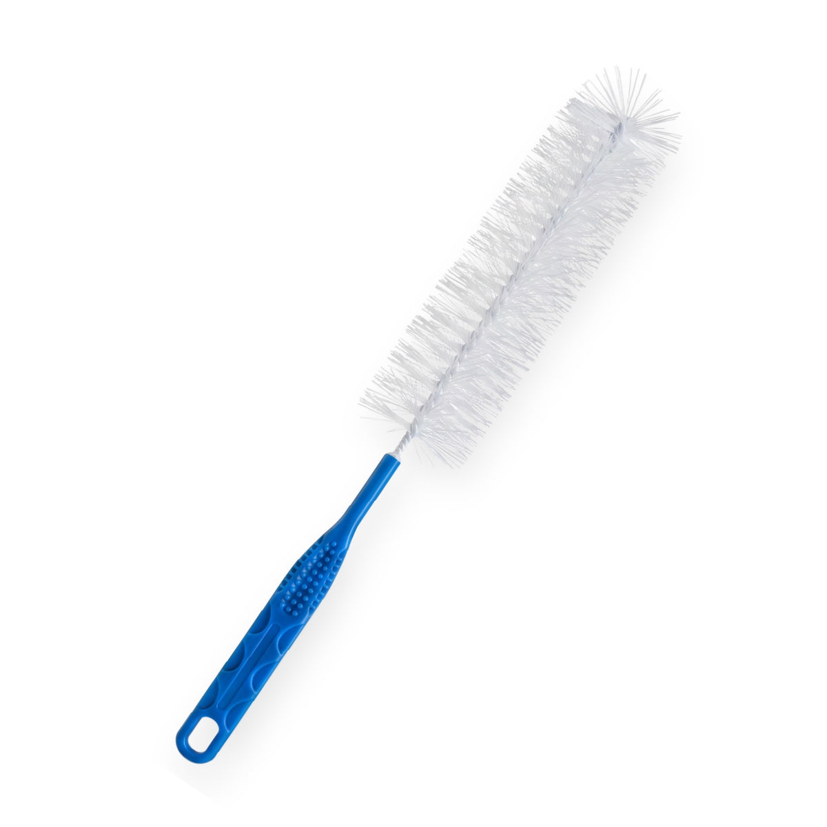 Frontalansicht einer Medi-Inn Urinflaschenbürste mit blauem Griff.