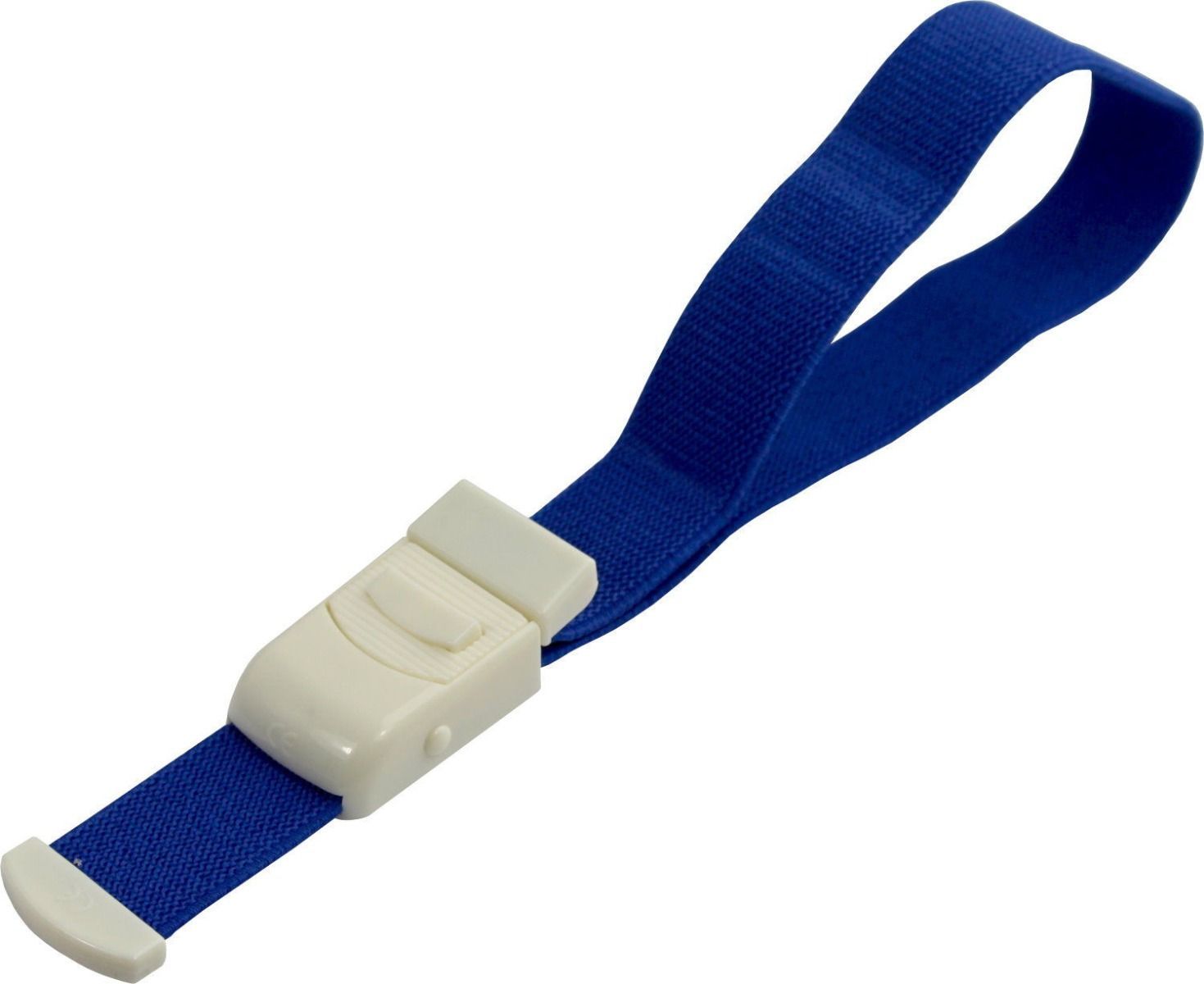 Blaues Venenstauer-Tourniquet, auch als Stauschlauch bekannt, auf einem weißen Hintergrund. Das Produkt zeigt sich in einer flexiblen, gummierten Textur mit zwei seitlichen Griffen für eine einfache Handhabung. Der Tourniquet ist in einer kompakten, ovalen Form gestaltet, was eine bequeme Anwendung ermöglicht. Die Enden sind abgerundet und so gestaltet, dass sie eine sichere Abdichtung bieten.