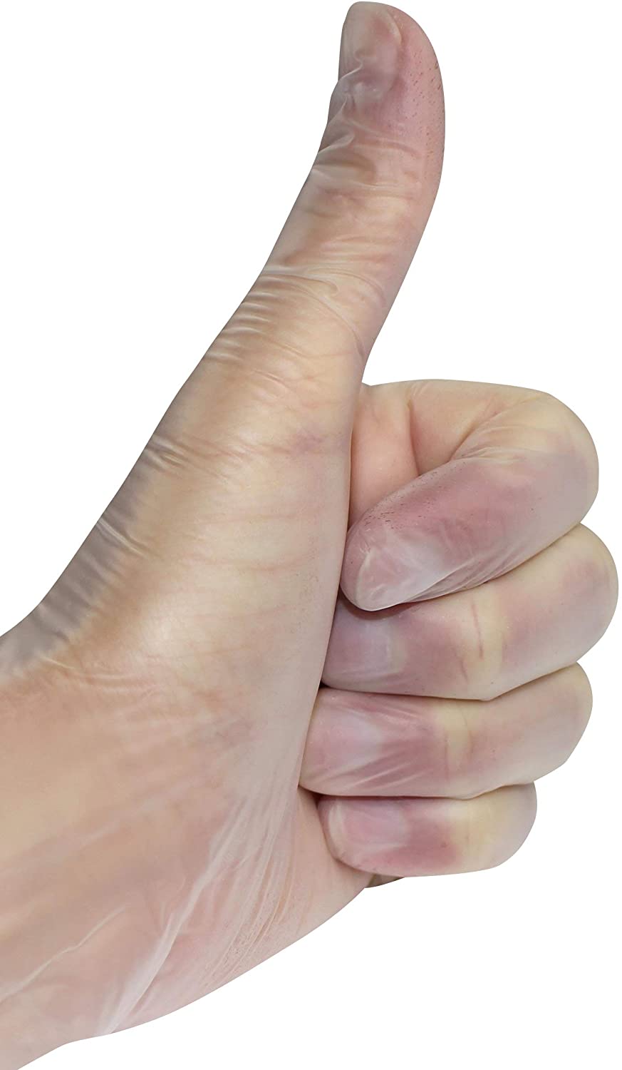 Transparente, gepuderte Einmalhandschuhe aus Vinyl in der Größe L. Die Handschuhe sind unifarben und präsentieren sich in einer glatten, leicht glänzenden Oberfläche, die für eine gute Haptik sorgt. Die Fingerspitzen sind leicht verstärkt, um eine bessere Griffsicherheit zu gewährleisten. Die Verpackung zeigt eine klare Abbildung der Handschuhe sowie die spezifischen Eigenschaften und Anwendungsbereiche. Ideal für den professionellen Einsatz in der Medizin, Lebensmittelverarbeitung oder Reinigung.