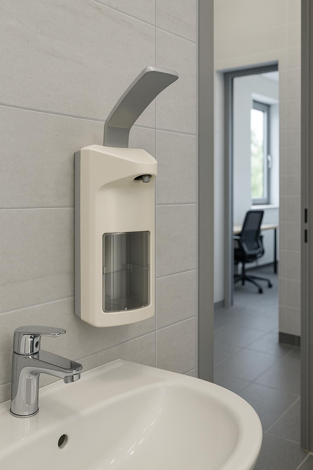 Wandmontierter Medi-Inn Spender in einem Waschraum mit moderner Büroeinrichtung im Hintergrund