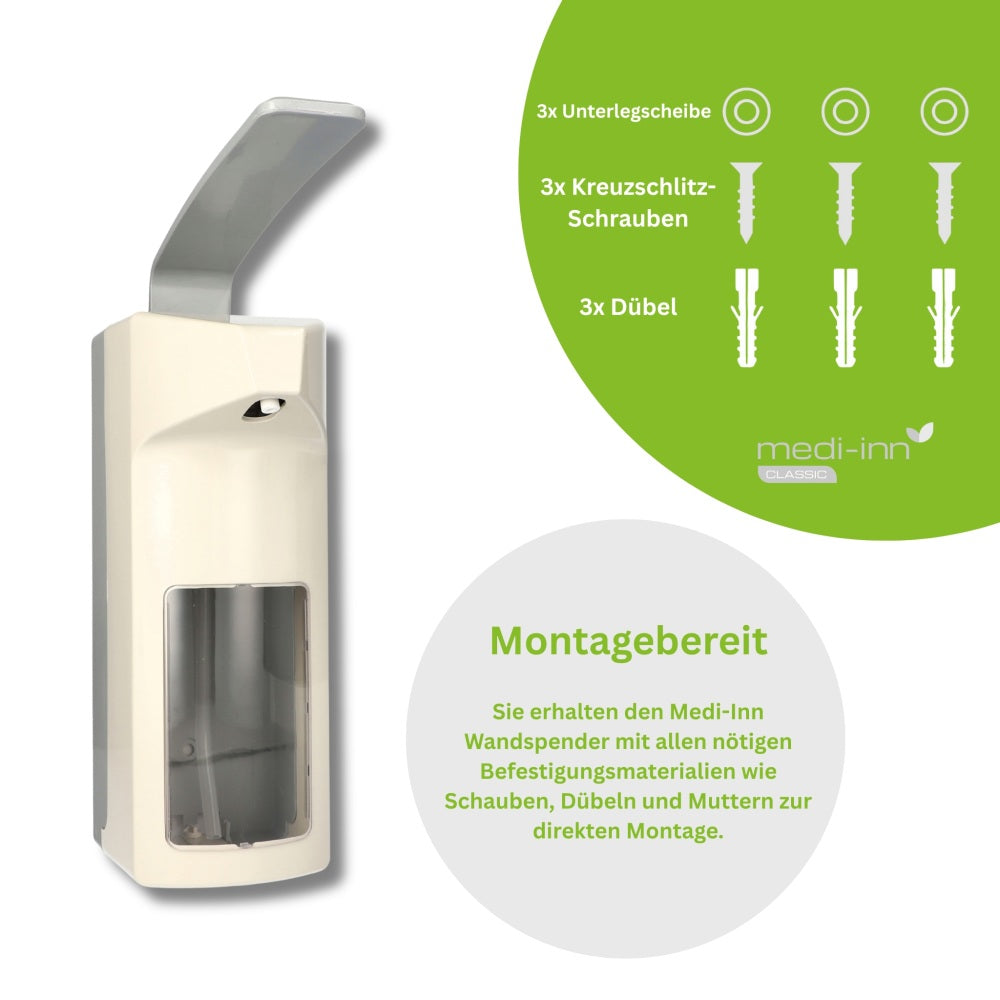 Lieferumfang des Medi-Inn Wandspenders inklusive Montageset mit Schrauben, Dübeln und Unterlegscheiben