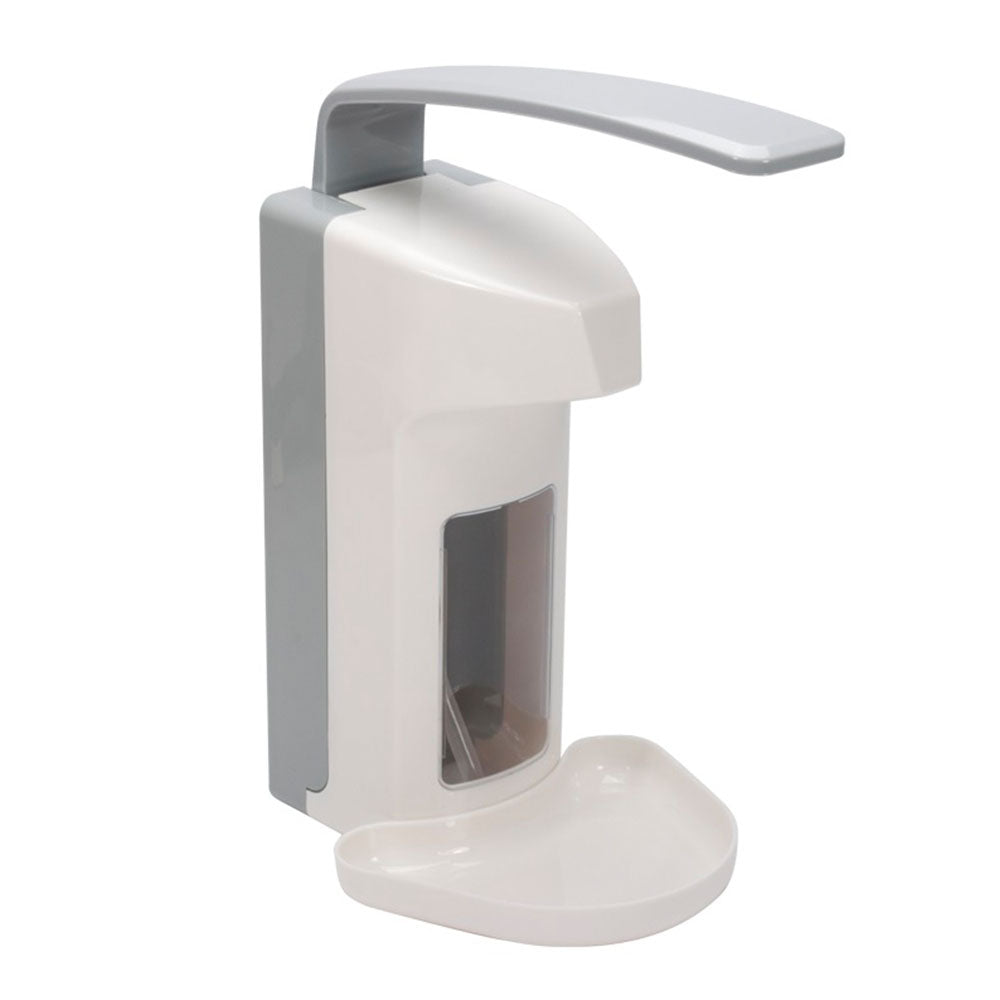 Wandspender aus Kunststoff mit langem Armhebel und Tropfschale, geeignet für 500 ml Euroflaschen. Der Spender hat eine funktionale, weiße Oberfläche und eine praktische, ergonomische Hebelmechanik, die eine einfache Handhabung ermöglicht. Die Tropfschale fängt überschüssige Flüssigkeit auf und sorgt für Sauberkeit. Das Design ist modern und schlicht, ideal für den Einsatz in Sanitärbereichen, Schulen oder öffentlichen Einrichtungen.