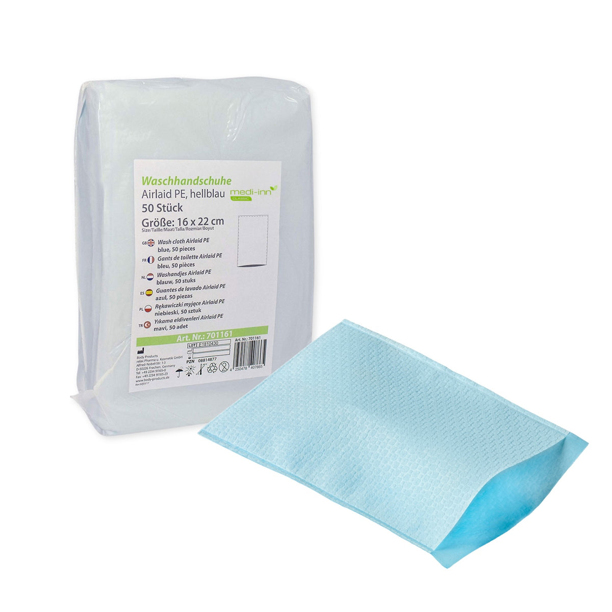 Seitliche Ansicht eines Medi-Inn Waschhandschuhes Airlaid PE neben der Verpackung.