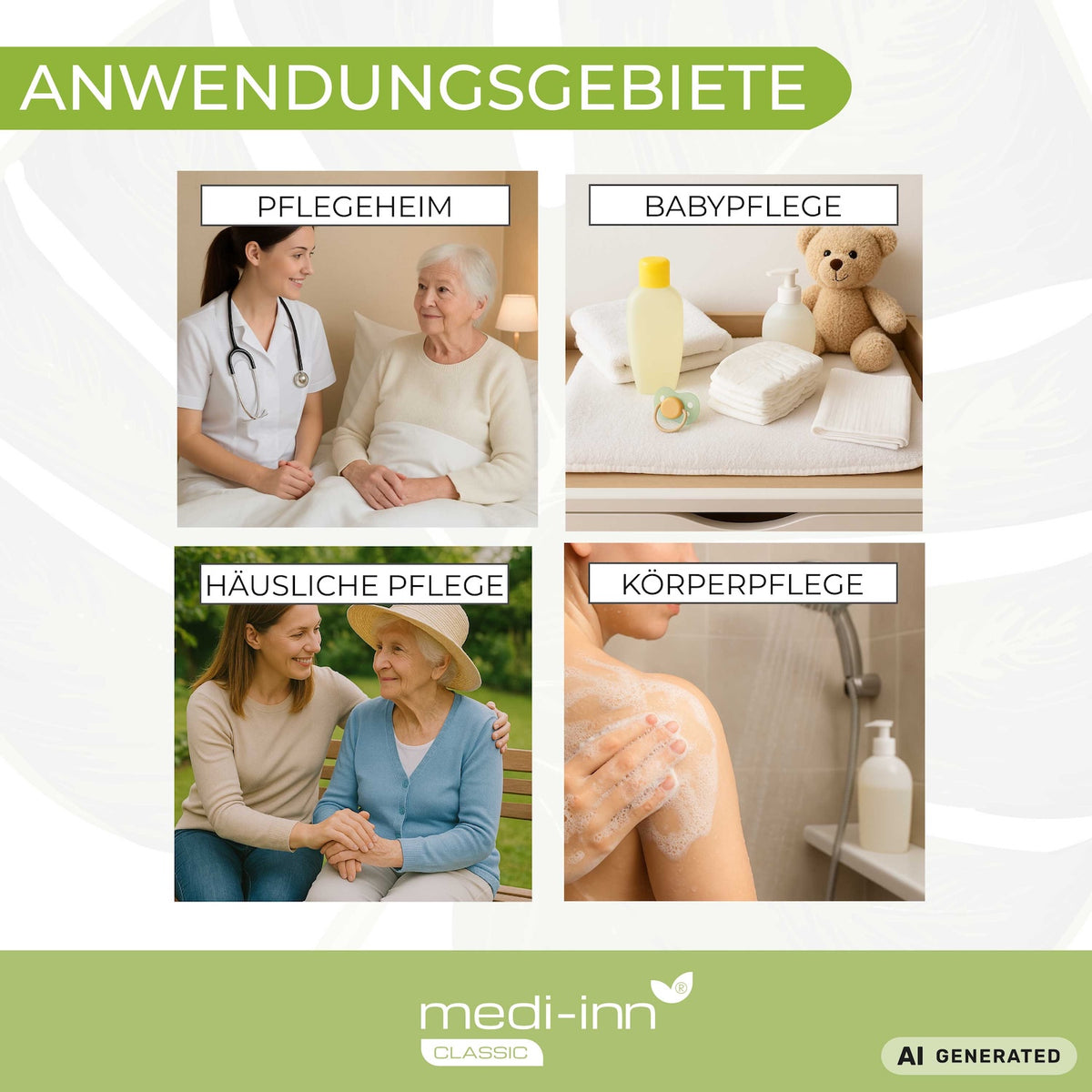 Anwendungsgebiete: Pflegeheim, Babypflege, Häusliche Pflege, Körperpflege
