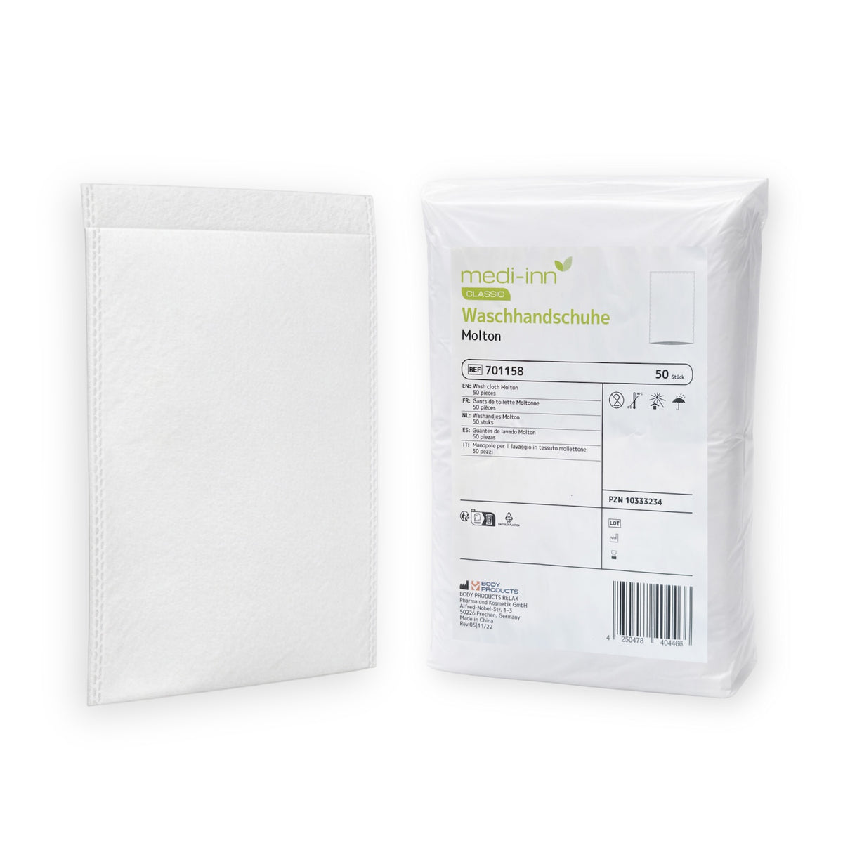 MEDI-INN CLASSIC Waschhandschuhe Molton – einzelner weißer Einmal-Waschhandschuh und Verpackungseinheit (50 Stück)