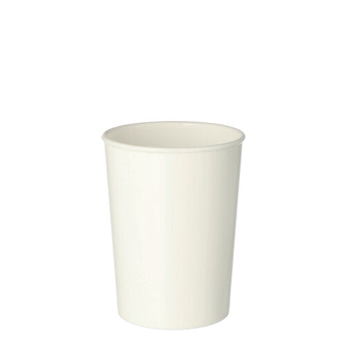 Weißer Zahnputzbecher aus Kunststoff mit einem Volumen von 250 ml und einem Durchmesser von 7,2 cm. Der Becher hat eine Höhe von 10 cm und zeichnet sich durch ein schlichtes, modernes Design ohne aufgedruckte Motive aus. Die Kanten sind leicht abgerundet, was ihm eine elegante Form verleiht. Er steht stabil auf einer flachen Oberfläche, wobei der Blickwinkel frontal auf den Becher gerichtet ist. Der Becher eignet sich ideal für den täglichen Gebrauch im Badezimmer und passt zu verschiedenen Badestilen.