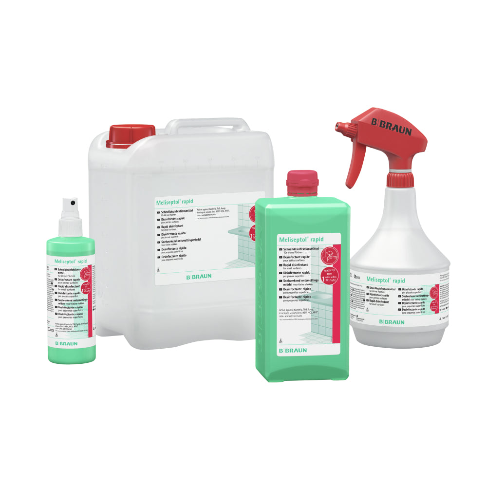 Das Bild zeigt eine 250 ml Sprühflasche mit Meliseptol Rapid, einem alkoholischen Schnelldesinfektionsmittel. Die Flasche hat einen klaren, transparenten Körper, der den Flüssigkeitsstand sichtbar macht. Der weiße Sprühkopf ist ergonomisch geformt und ermöglicht eine einfache Anwendung. Die Vorderseite der Flasche zeigt eine auffällige, mehrfarbige Etikette mit dem Produktnamen „Meliseptol Rapid“ und Informationen zu Anwendung und Inhaltsstoffen.