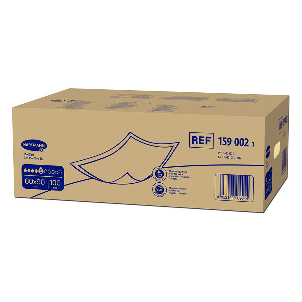 Produktfoto von Molicare Bettschutzeinlagen, 5 Tropfen, in der Größe 60 x 90 cm, verpackt in einer offenen Kartonbox. Die Einlagen sind weiß und zeigen eine strukturierte Oberfläche. Auf der Verpackung sind Hinweise zur Verwendung sowie die Anzahl von 100 Stück angegeben. Das Design ist funktional und auf effektiven Schutz ausgerichtet, um Betten und Matratzen vor Feuchtigkeit zu bewahren. Im Hintergrund ist eine neutrale Oberfläche sichtbar, die das Produkt hervorhebt.