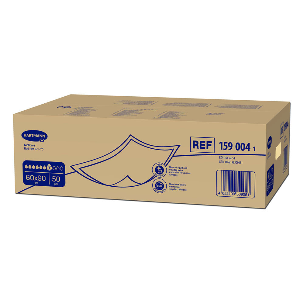 MoliCare Bettschutzunterlage in der Größe 60 x 90 cm, verpackt in einer transparenten Kunststoffverpackung. Die Unterlage ist in einer offenen Position dargestellt, wobei ihre obere Seite mit einer weichen, saugfähigen Oberfläche und einer rutschfesten Unterseite sichtbar ist. Auf der Verpackung sind Informationen zum Produkt, einschließlich der Anzahl von 50 Stück und der Saugfähigkeit von 7 Tropfen, deutlich abgebildet. Der Hintergrund ist neutral, um das Produkt hervorzuheben.