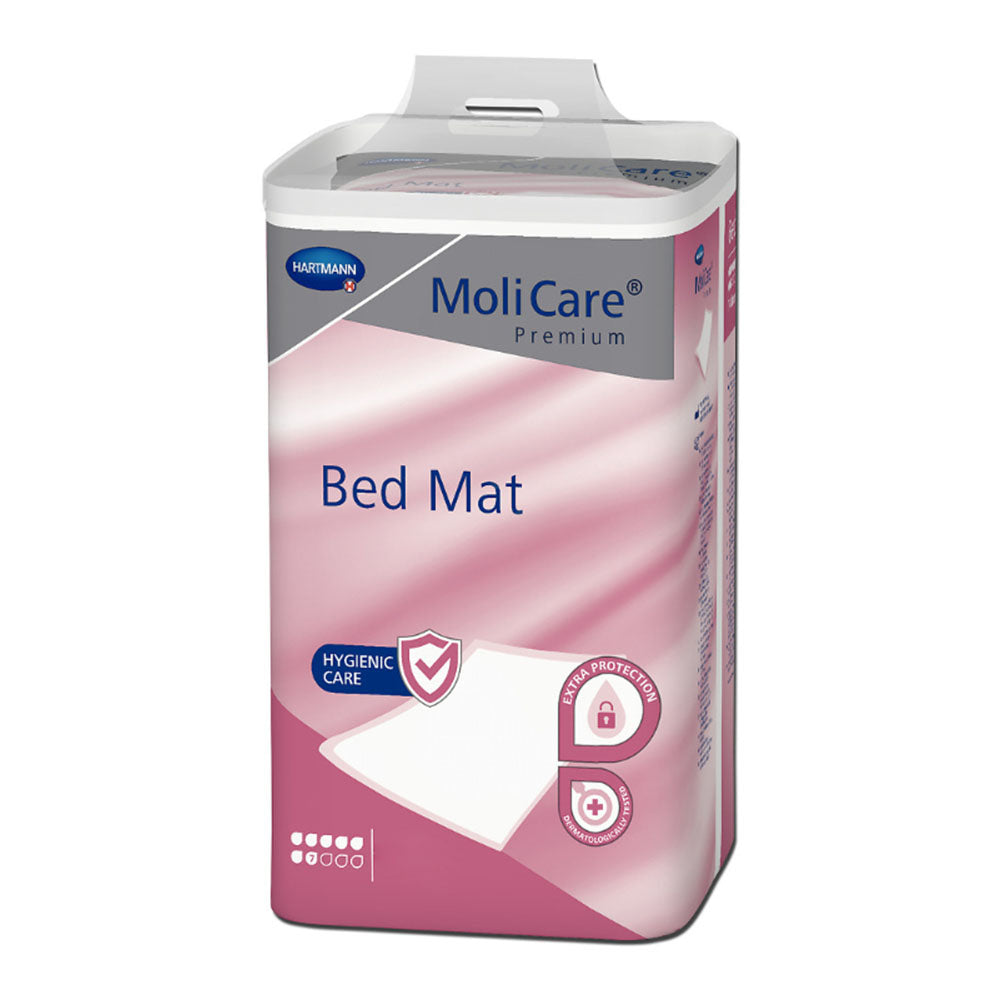 Molicare Bettschutzauflage Premium, 60 x 60 cm, in sanften Farben. Die Auflage zeigt eine wasserabweisende Oberfläche mit einem dezenten Muster, das eine textilähnliche Anmutung vermittelt. Die Rundungen und die genauen Kanten sind klar erkennbar. Die Unterseite ist mit einer rutschfesten Beschichtung versehen, um ein Verrutschen zu verhindern. Ideal zum Schutz von Matratzen, bietet sie Schutz vor Flüssigkeitsverlust und sorgt für ein hygienisches Schlafumfeld.