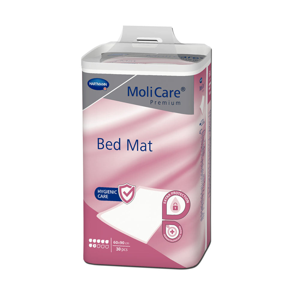 Produktbild von Molicare Bettschutzeinlagen, Premium Qualität, 7 Tropfen und in der Größe 60 x 90 cm. Die Einlagen werden in einem praktischen 30er-Pack geliefert. Auf dem Bild sind die Einlagen in ihrer Verpackung sichtbar, die deutlich das Produktdesign und die Markierung für die 7 Tropfen Absorption zeigt. Der Hintergrund ist neutral gehalten, um die Einlagen hervorzuheben. Ideal für die Verwendung im Bett oder auf Möbeln, um sie vor Feuchtigkeit zu schützen und Komfort zu gewährleisten.
