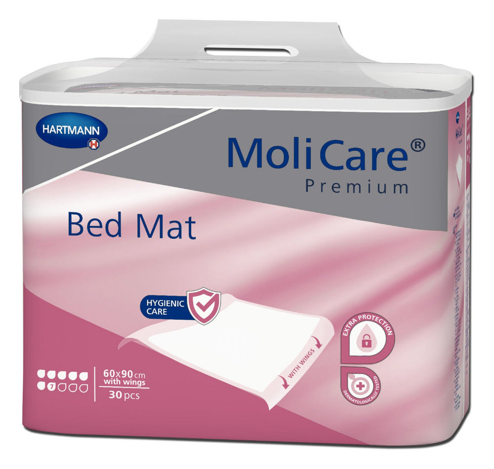 Bild eines MoliCare Premium Betttuchs, 60 x 90 cm, in einem 25er Pack. Das Tuch ist weiß mit blauen Akzenten und zeigt eine praktische Verpackung, die die Produkteinheit als Premium-Wasserabsorptionslösung mit bis zu 7 Tropfen klassifiziert. Die Verpackung hebt die Verwendung des Betttuchs für empfindliche Haut hervor und betont seine hohe Qualität sowie die Fähigkeit, Betten und Matratzen zuverlässig zu schützen.