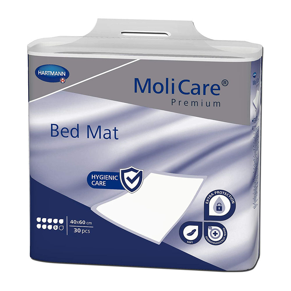 Bild eines MoliCare Bettschutzauflagen-Pakets mit einer Größe von 40 x 60 cm. Das Produkt ist für eine hohe Saugfähigkeit von 9 Tropfen ausgelegt und wird in einem ansprechenden, blauen Design präsentiert. Die Verpackung zeigt sowohl die Produktbezeichnung als auch Illustrationen, die die Funktionalität verdeutlichen. Die Schutzauflage ist ideal für bettlägerige Personen oder als zusätzliche Schutzmaßnahme. Hintergrund ist neutral gehalten, wodurch das Produkt im Vordergrund steht.